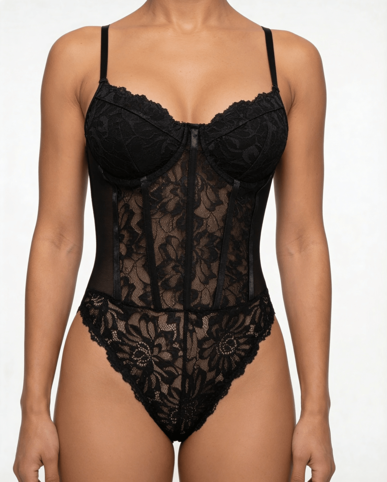 Black Lace Corset Bodysuit With Underwired Cups - MARELIA