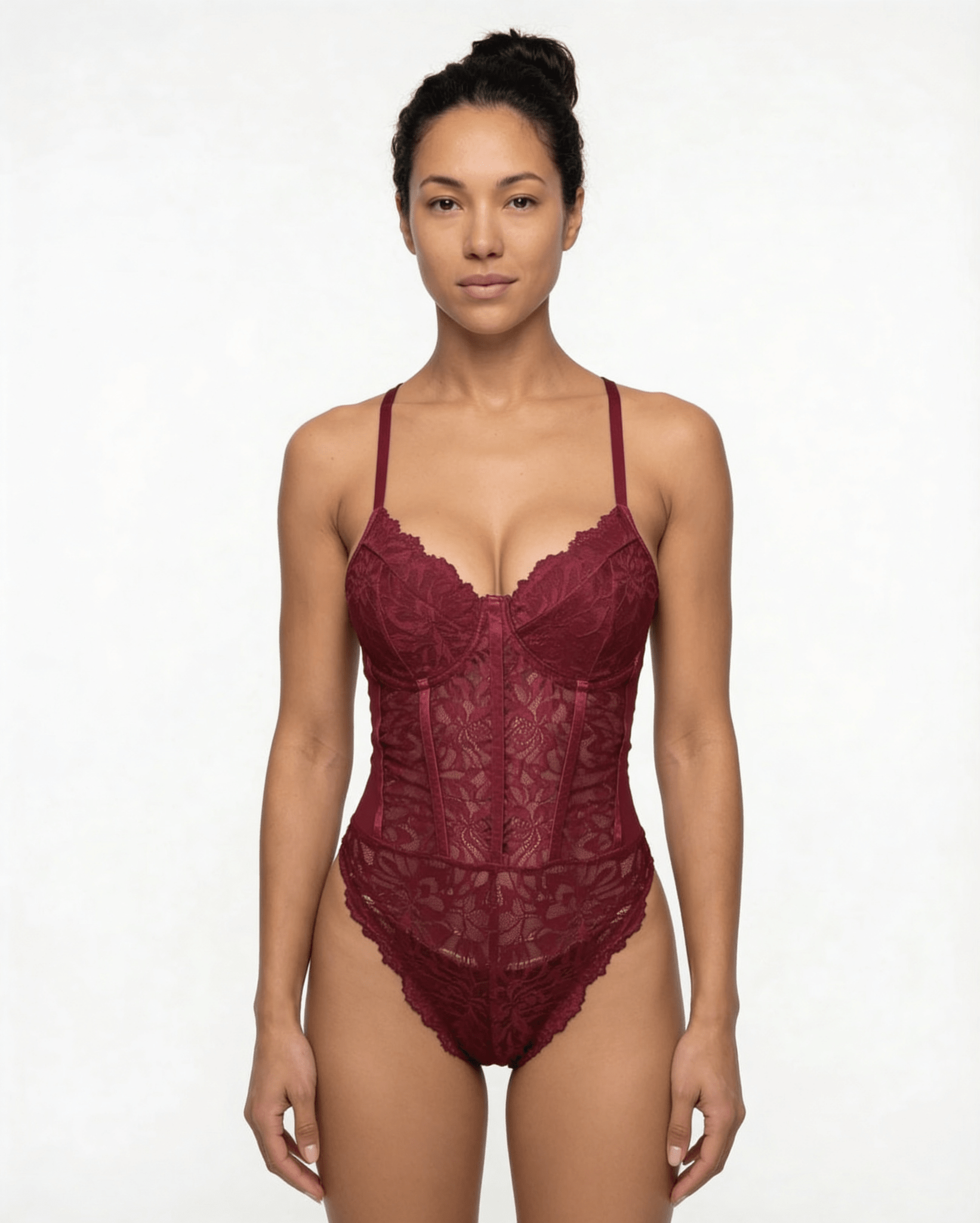 Burgundy Lace Corset Bodysuit With Underwired Cups - MARELIA