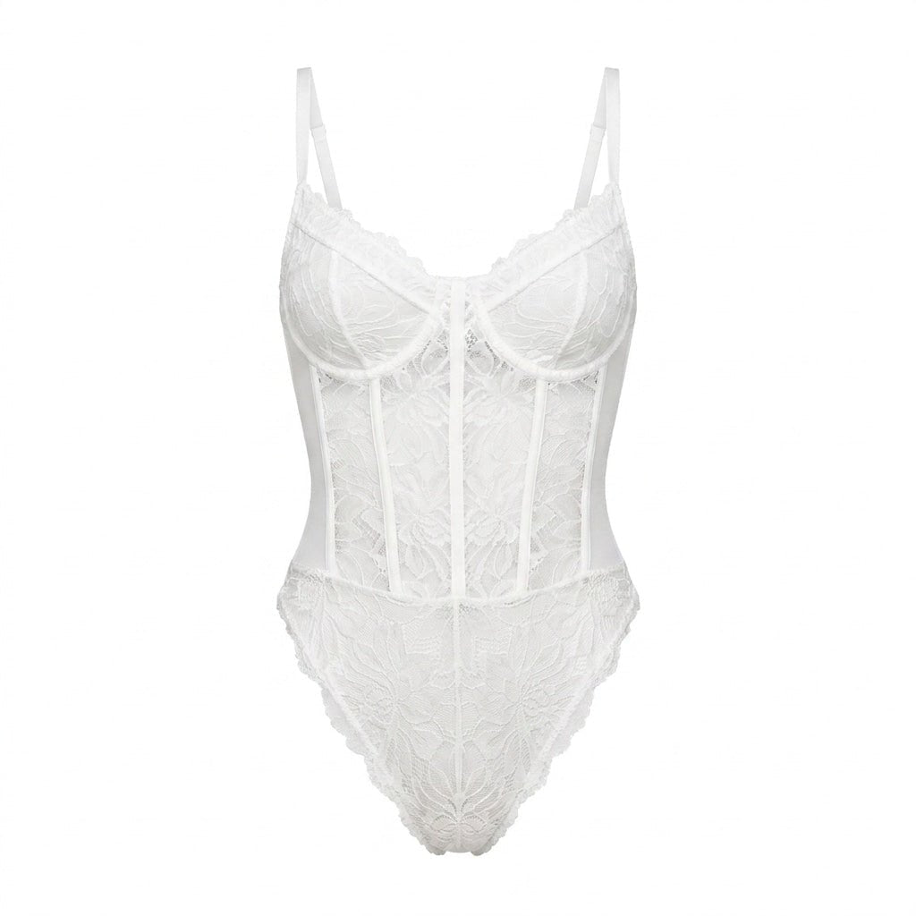 White Lace Corset Bodysuit With Underwired Cups - MARELIA