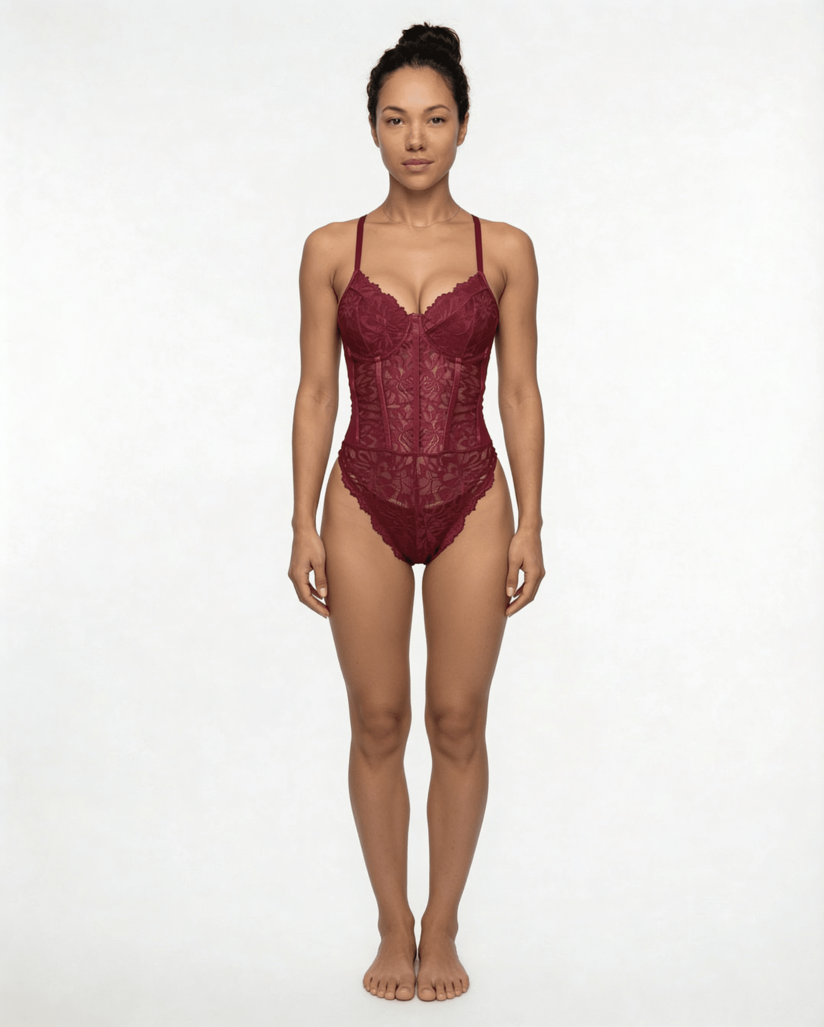 Burgundy Lace Corset Bodysuit With Underwired Cups - MARELIA
