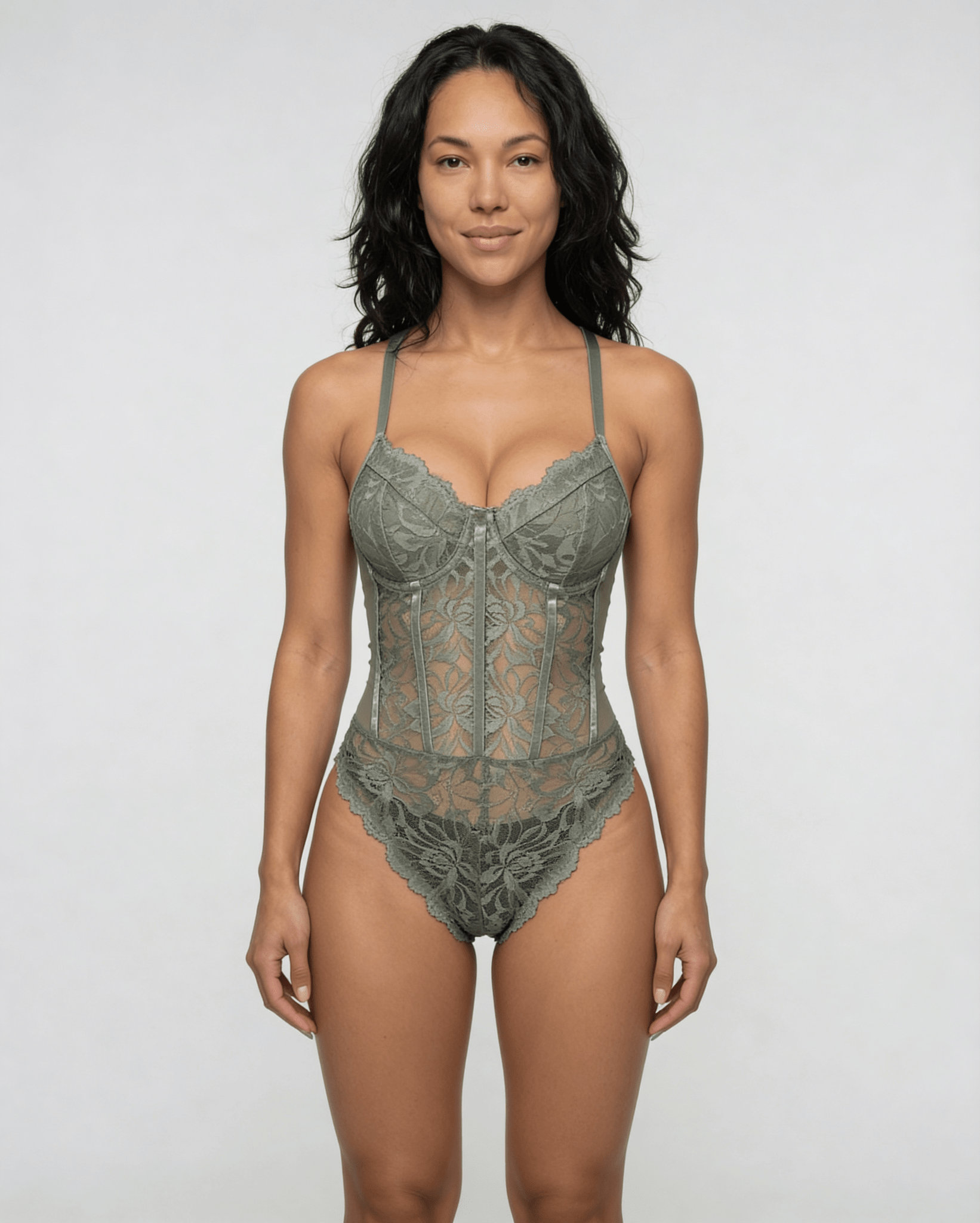 Sage Green Lace Corset Bodysuit With Underwired Cups - MARELIA