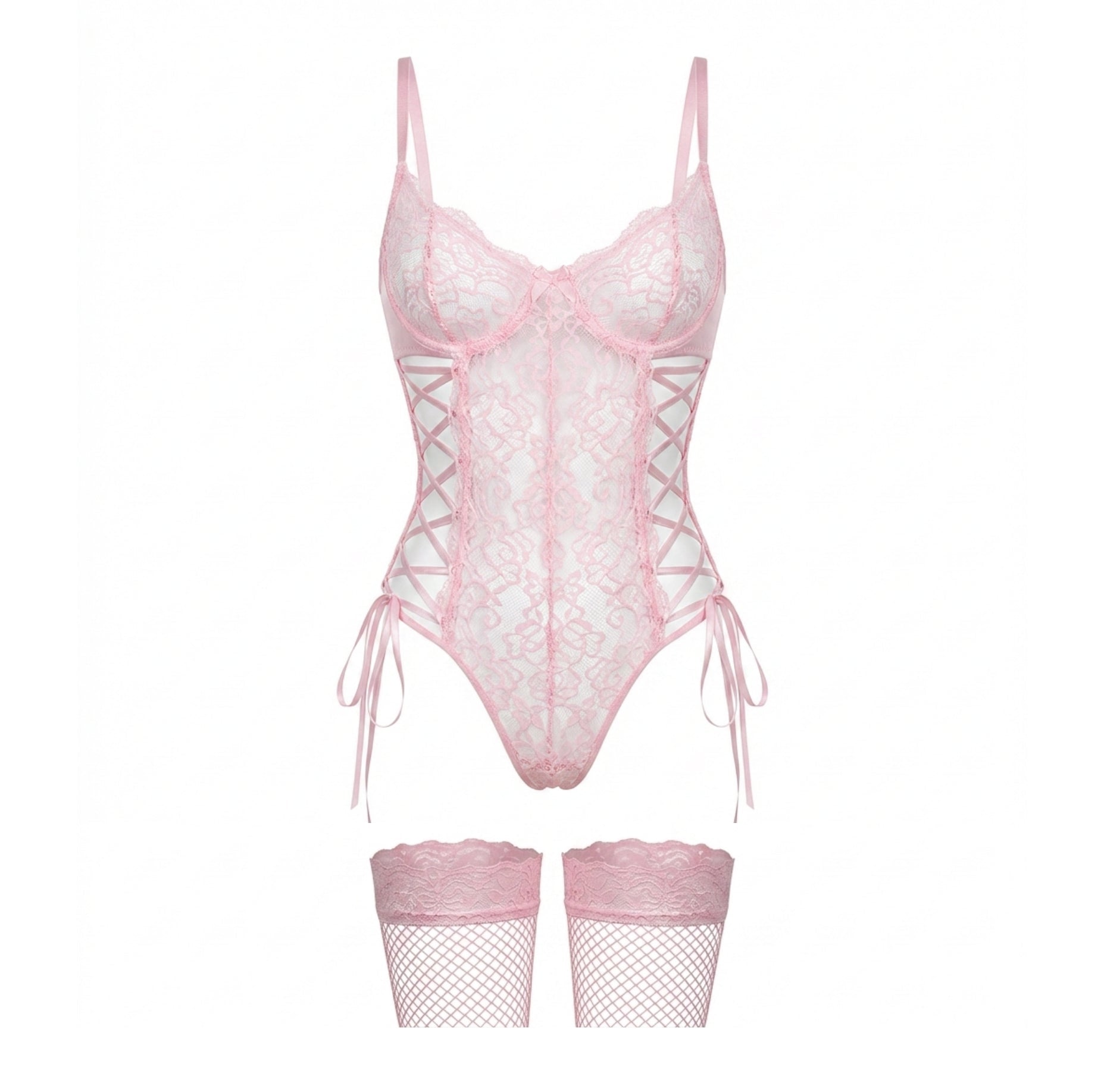 Pink Lace Corset Teddy With Stockings Set - MARELIA