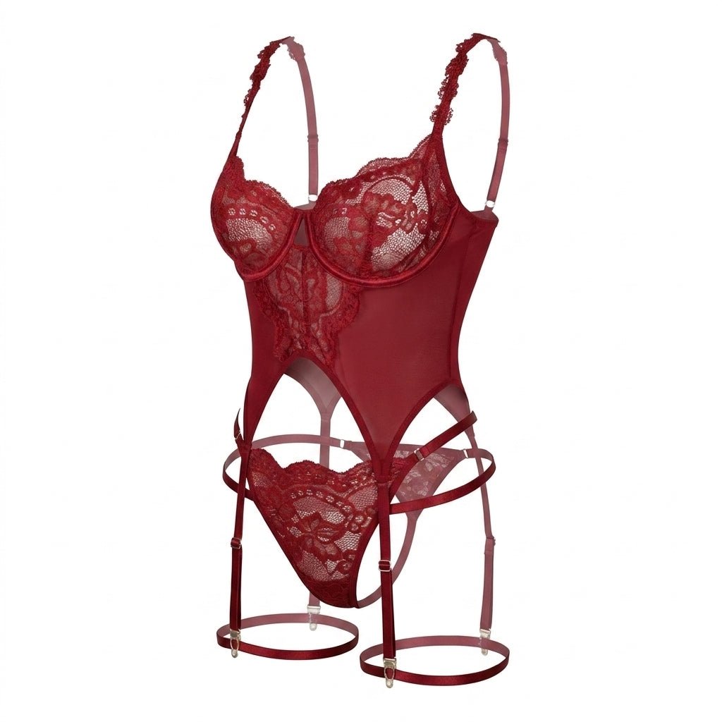 Burgundy Lace Corset Three Piece Lingerie Set - MARELIA