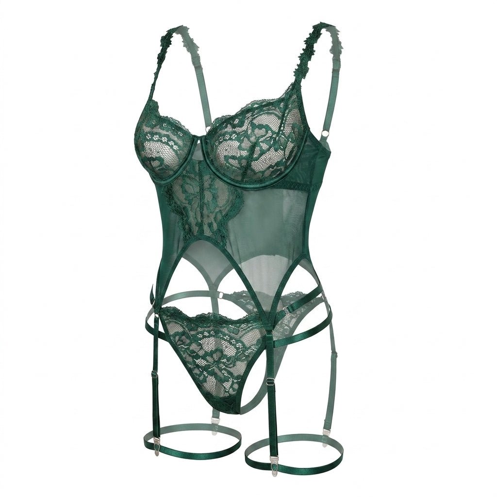 Dark Green Lace Corset Three Piece Lingerie Set - MARELIA