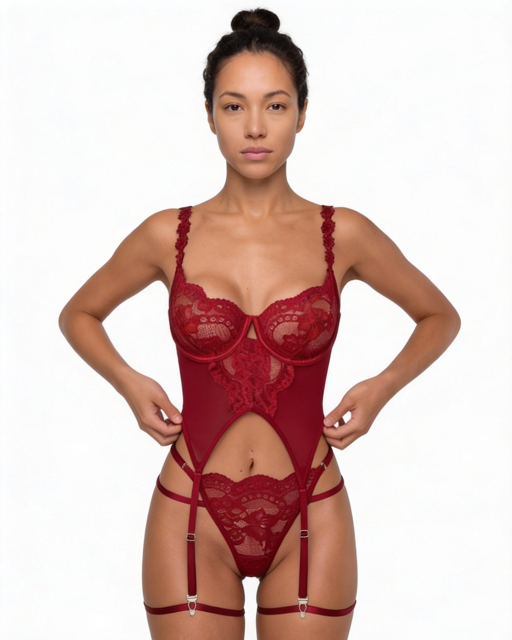 Burgundy Lace Corset Three Piece Lingerie Set - MARELIA
