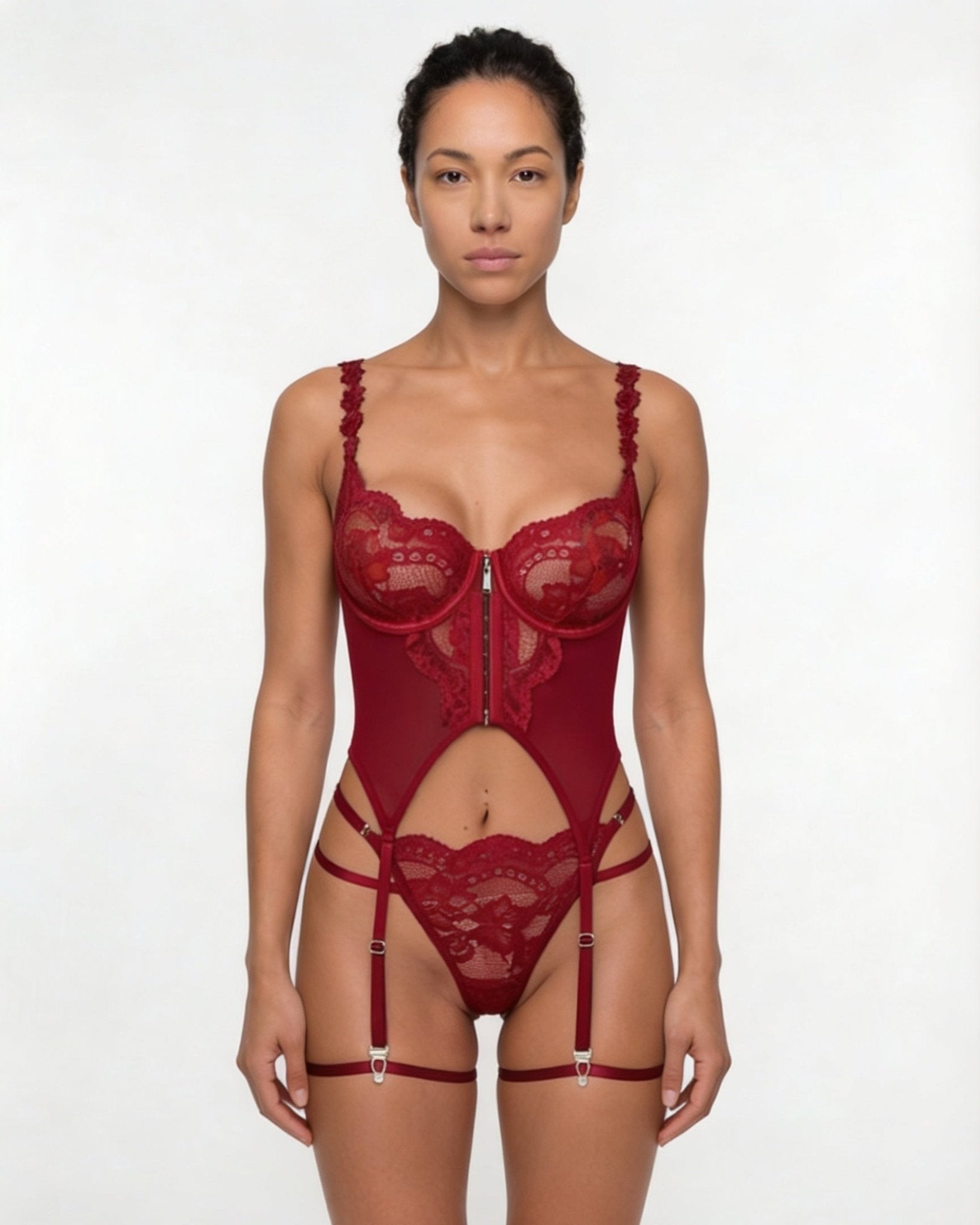 Burgundy Lace Corset Three Piece Lingerie Set - MARELIA
