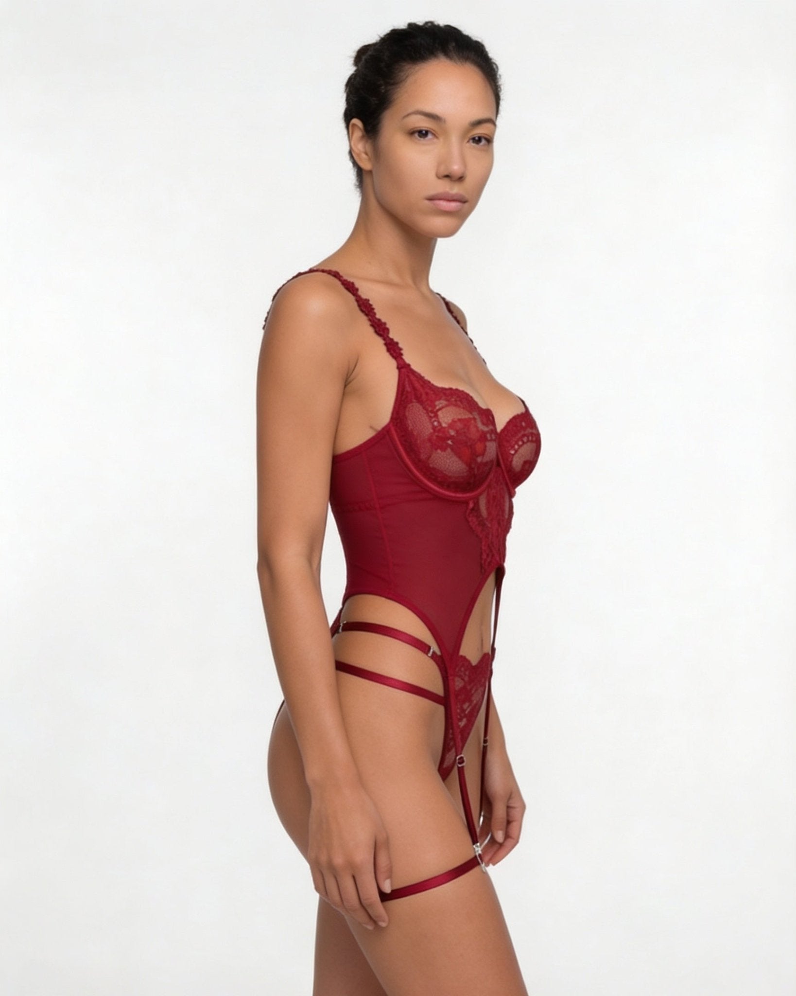 Burgundy Lace Corset Three Piece Lingerie Set - MARELIA