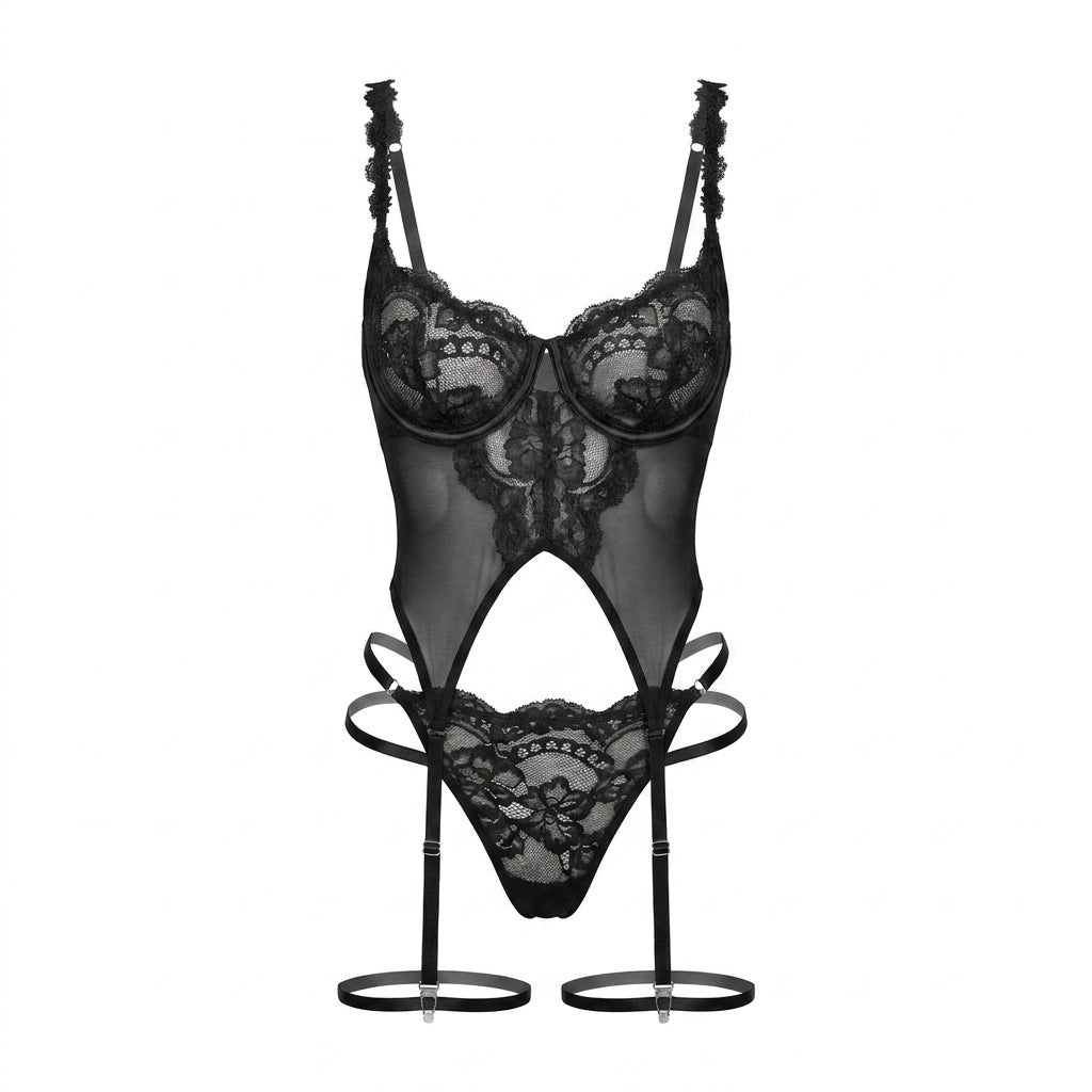 Black Lace Corset Three Piece Lingerie Set - MARELIA