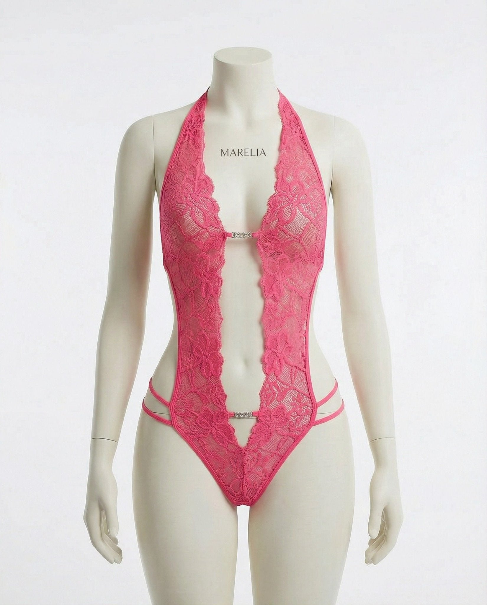 Fuscia Pink Lace Crotchless Deep V Halter Teddy - MARELIA