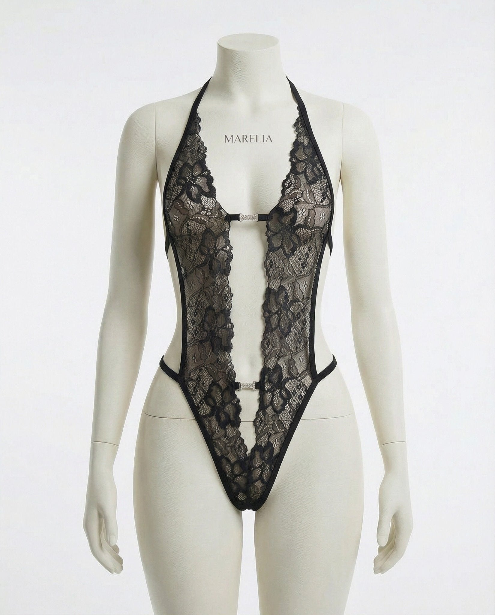 Black Lace Crotchless Deep V Halter Teddy - MARELIA