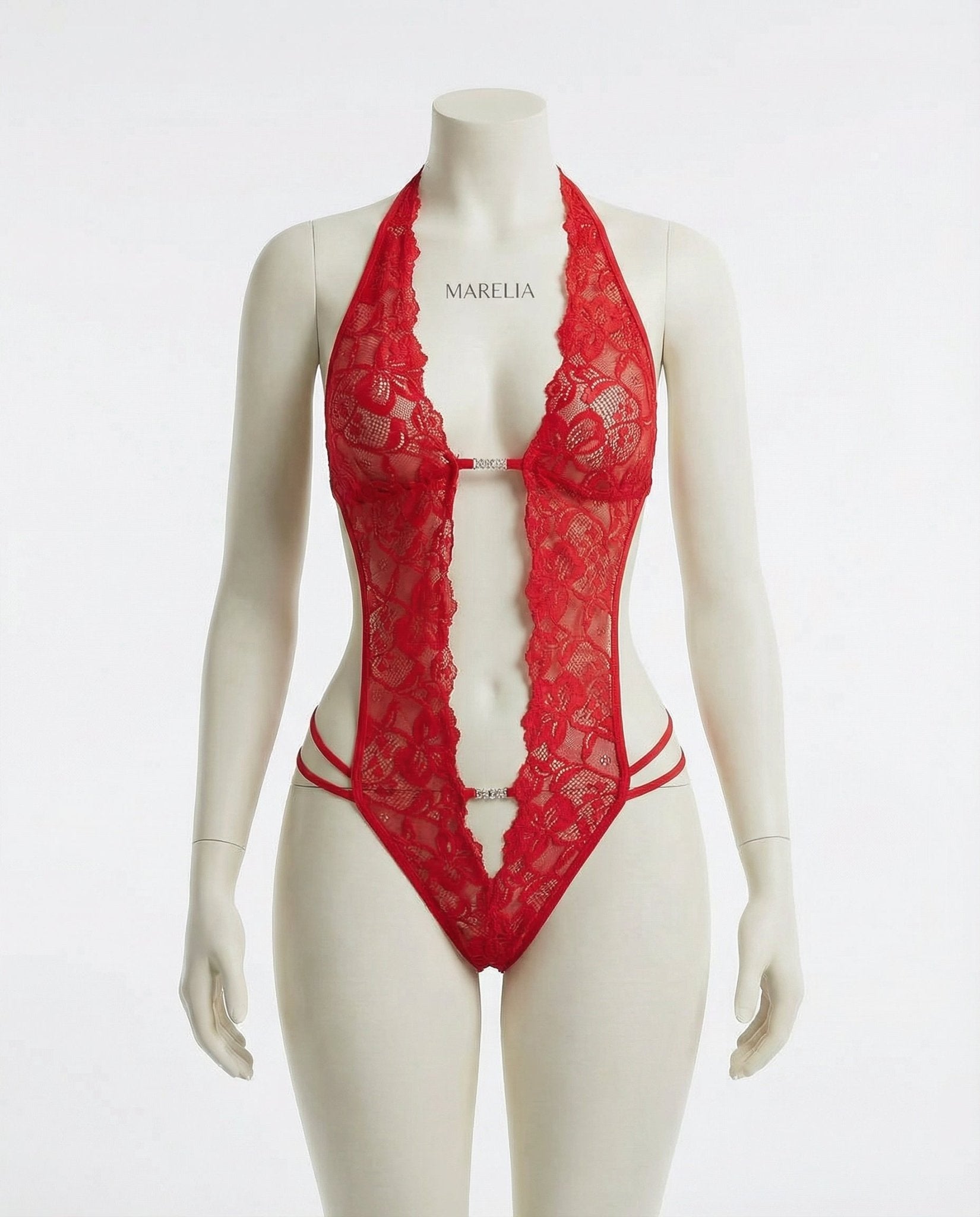 Red Lace Crotchless Deep V Halter Teddy - MARELIA