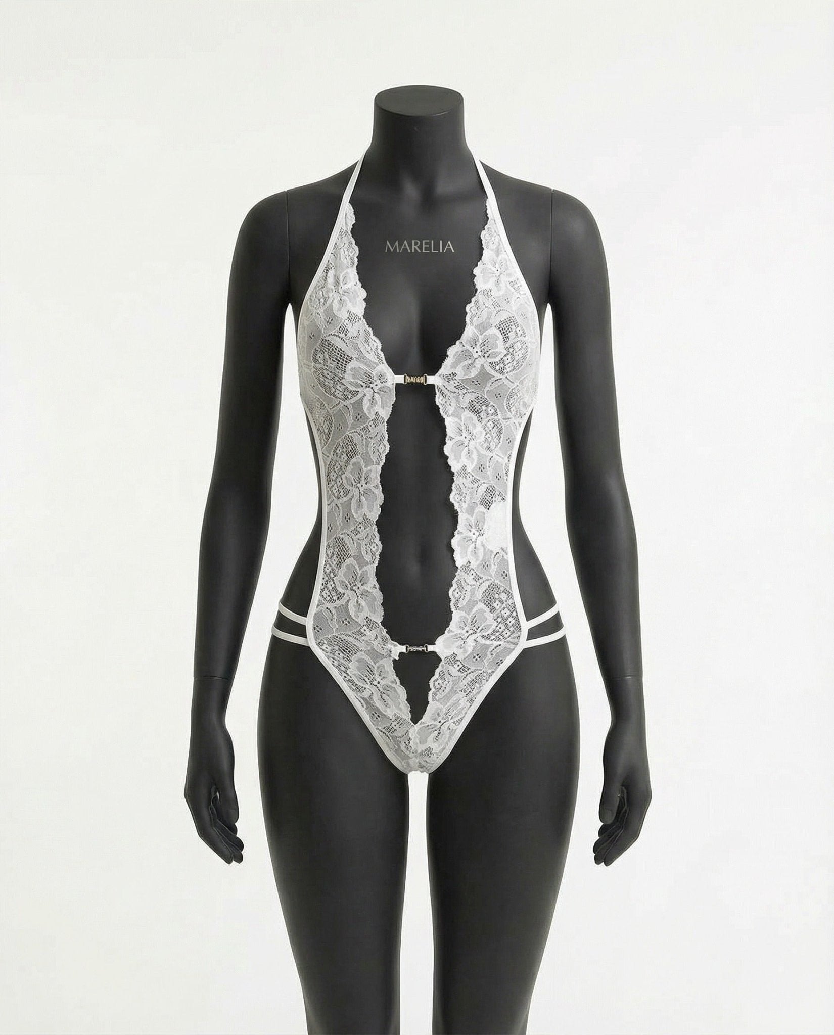 White Lace Crotchless Deep V Halter Teddy - MARELIA