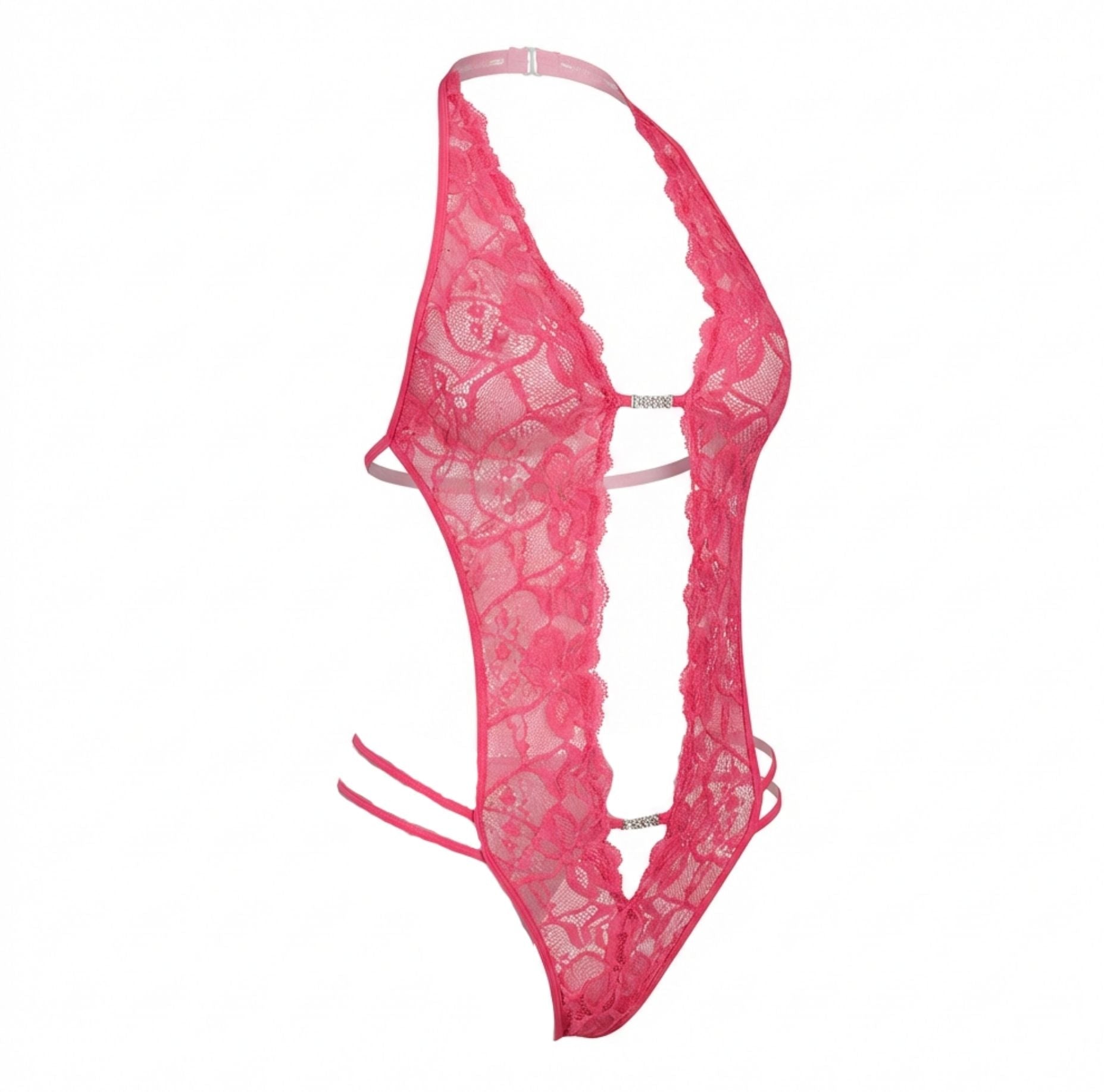 Fuscia Pink Lace Crotchless Deep V Halter Teddy - MARELIA