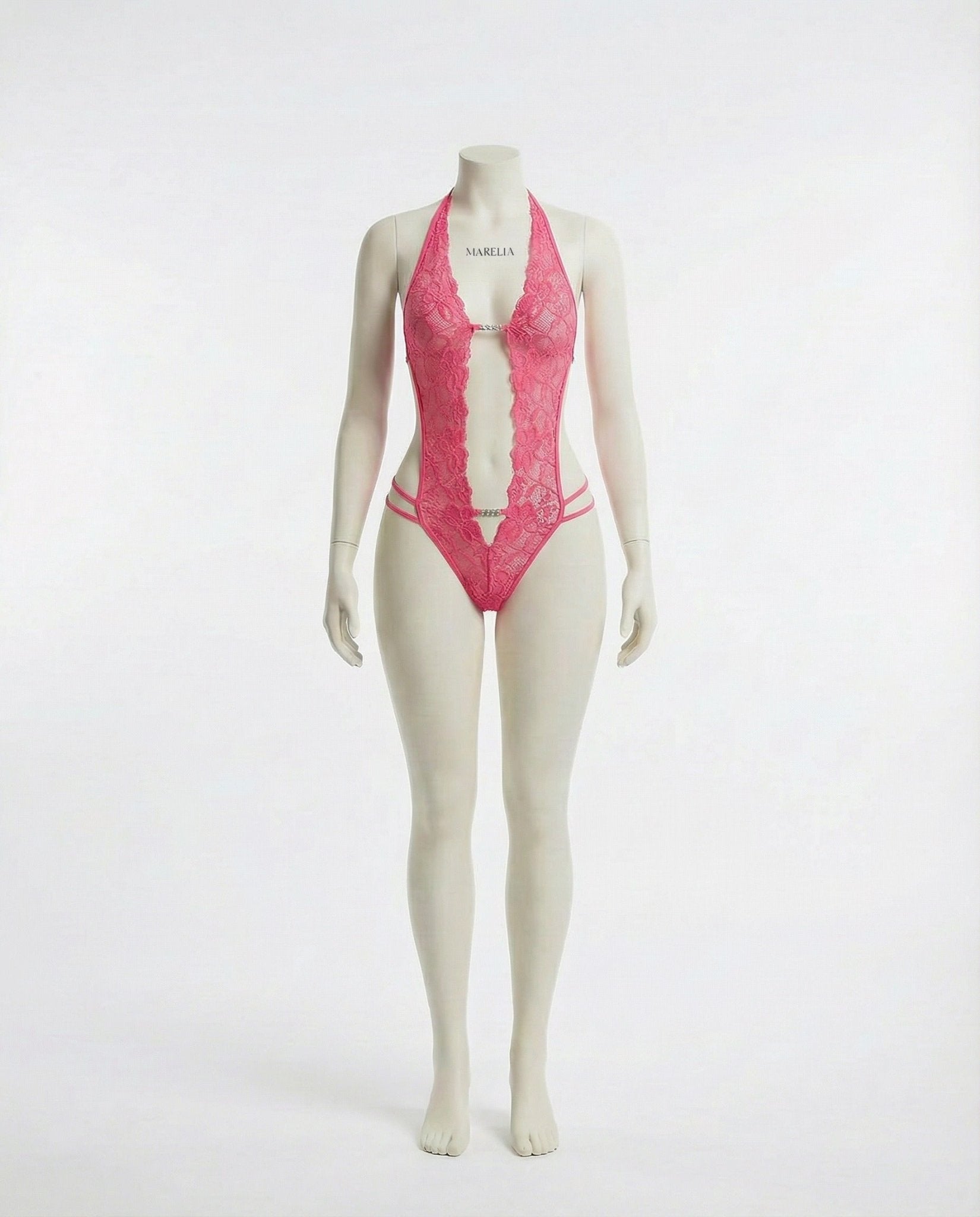 Fuscia Pink Lace Crotchless Deep V Halter Teddy - MARELIA