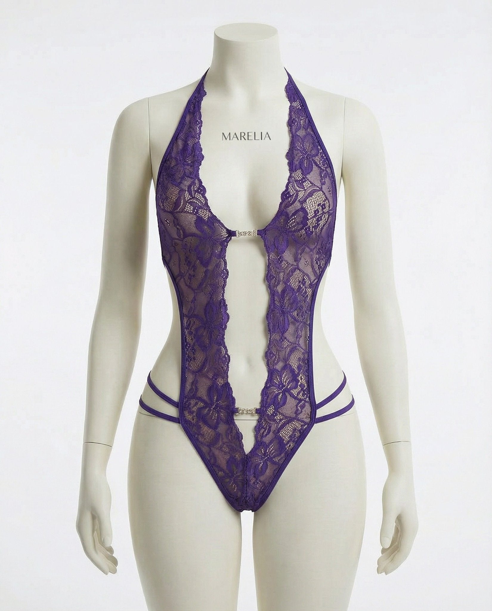 Lace Crotchless Deep V Halter Teddy - MARELIA