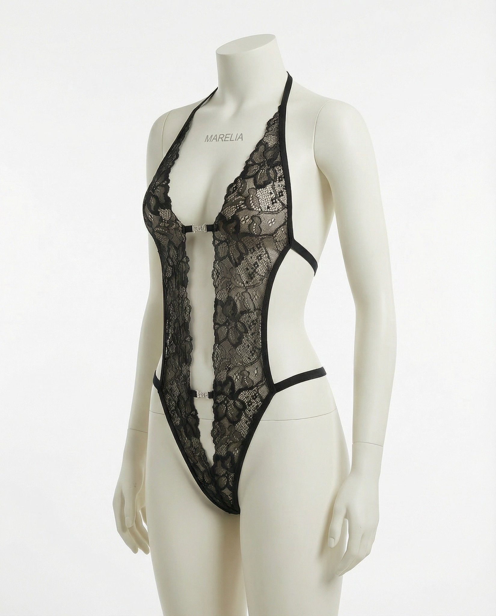 Black Lace Crotchless Deep V Halter Teddy - MARELIA