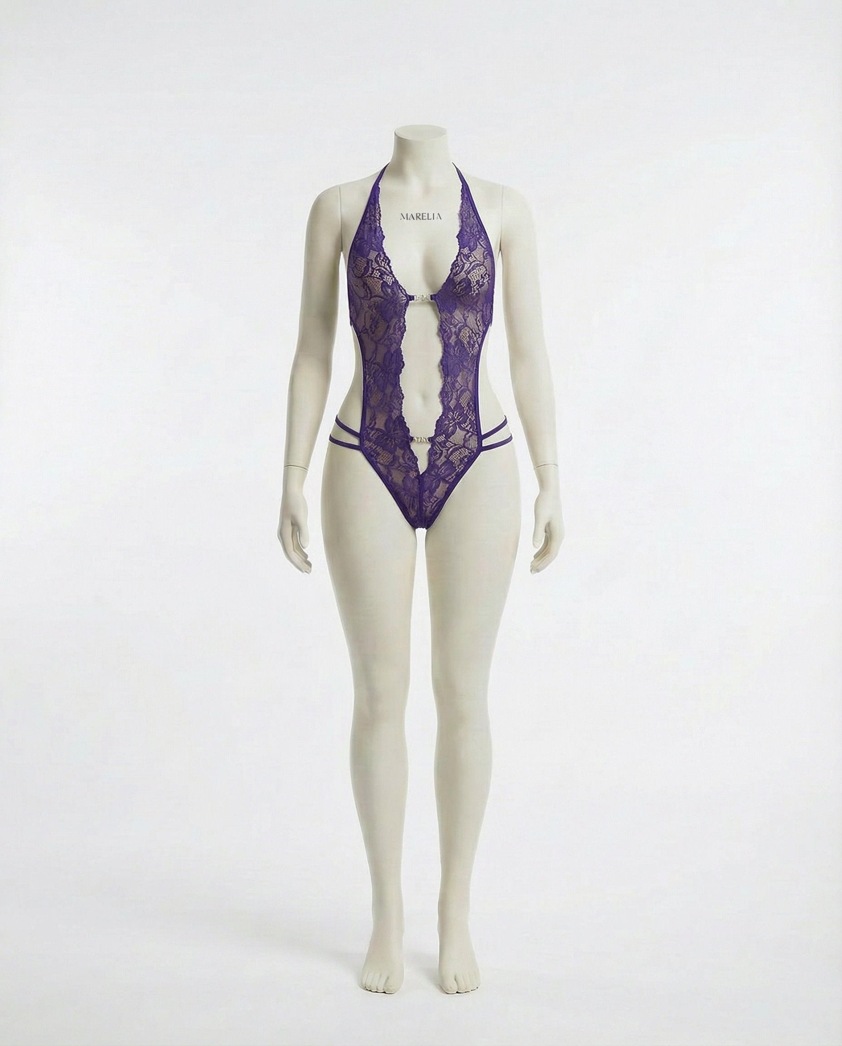 Lace Crotchless Deep V Halter Teddy - MARELIA