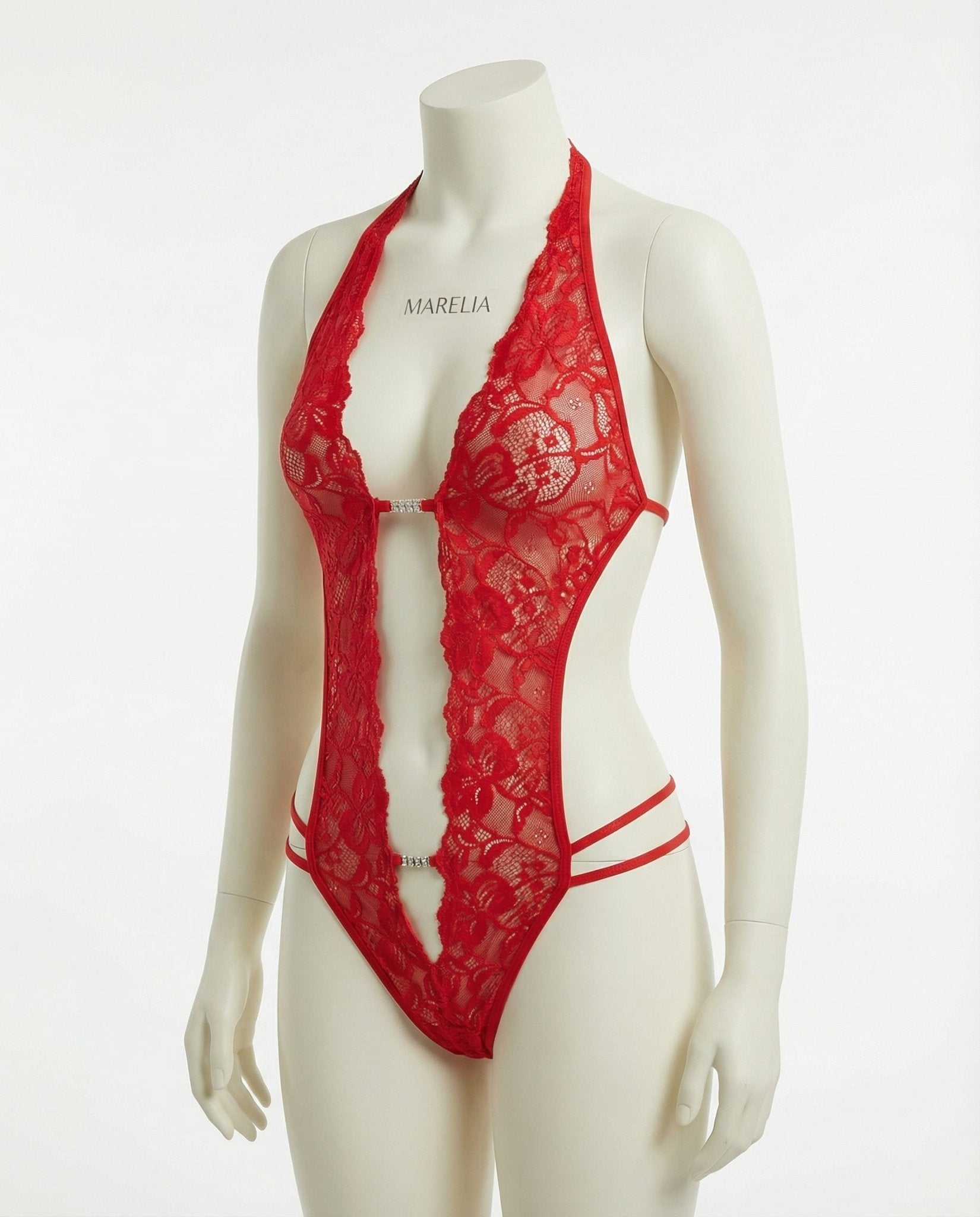 Red Lace Crotchless Deep V Halter Teddy - MARELIA