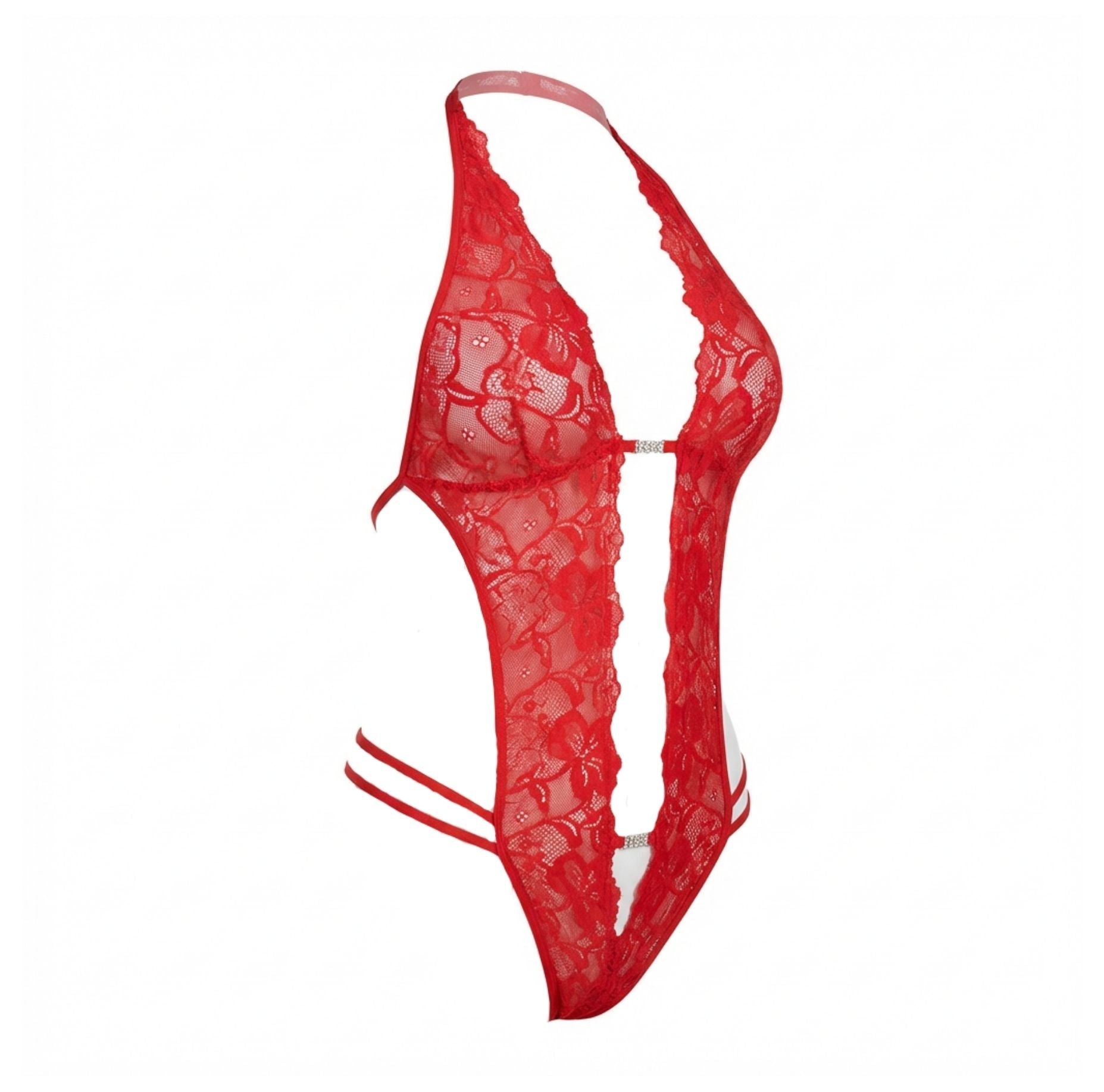 Red Lace Crotchless Deep V Halter Teddy - MARELIA