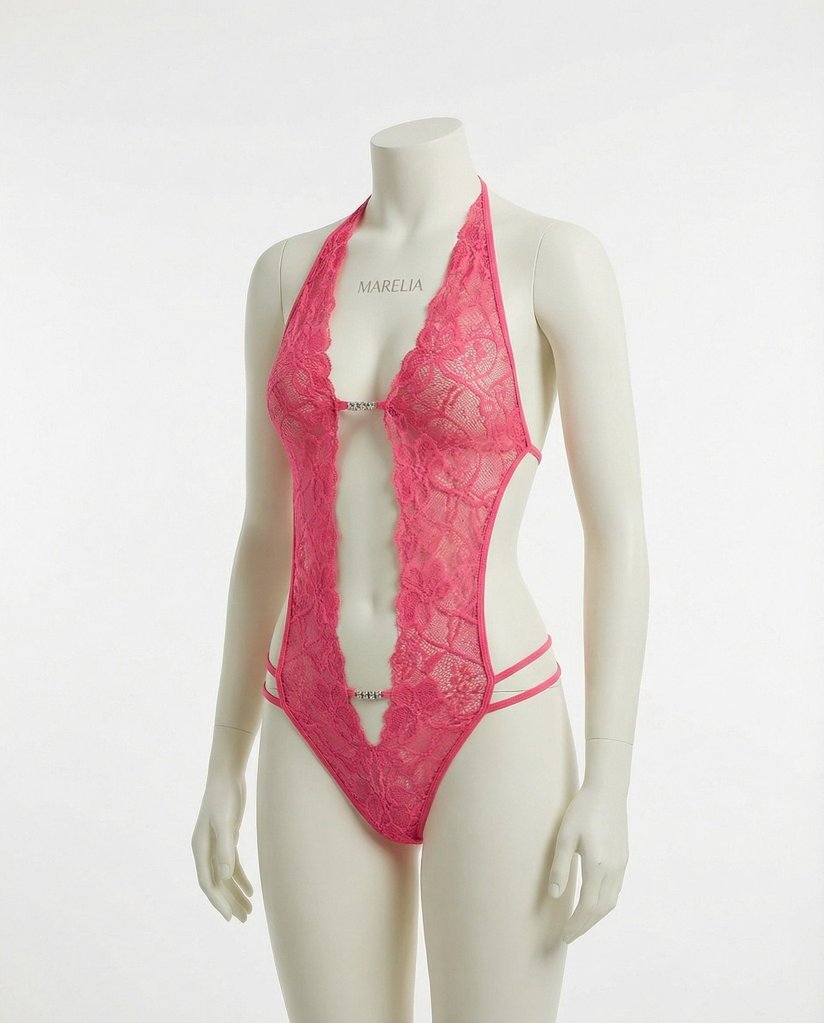 Fuscia Pink Lace Crotchless Deep V Halter Teddy - MARELIA