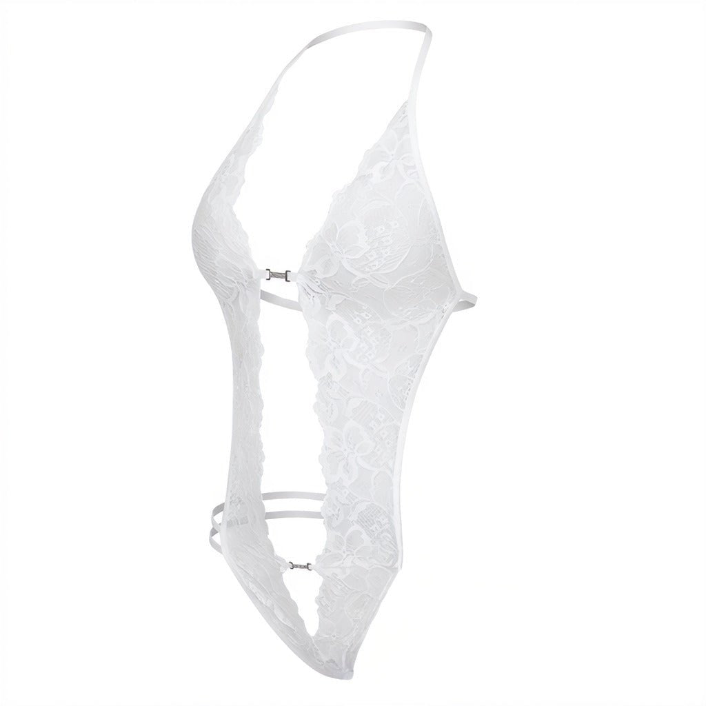 White Lace Crotchless Deep V Halter Teddy - MARELIA