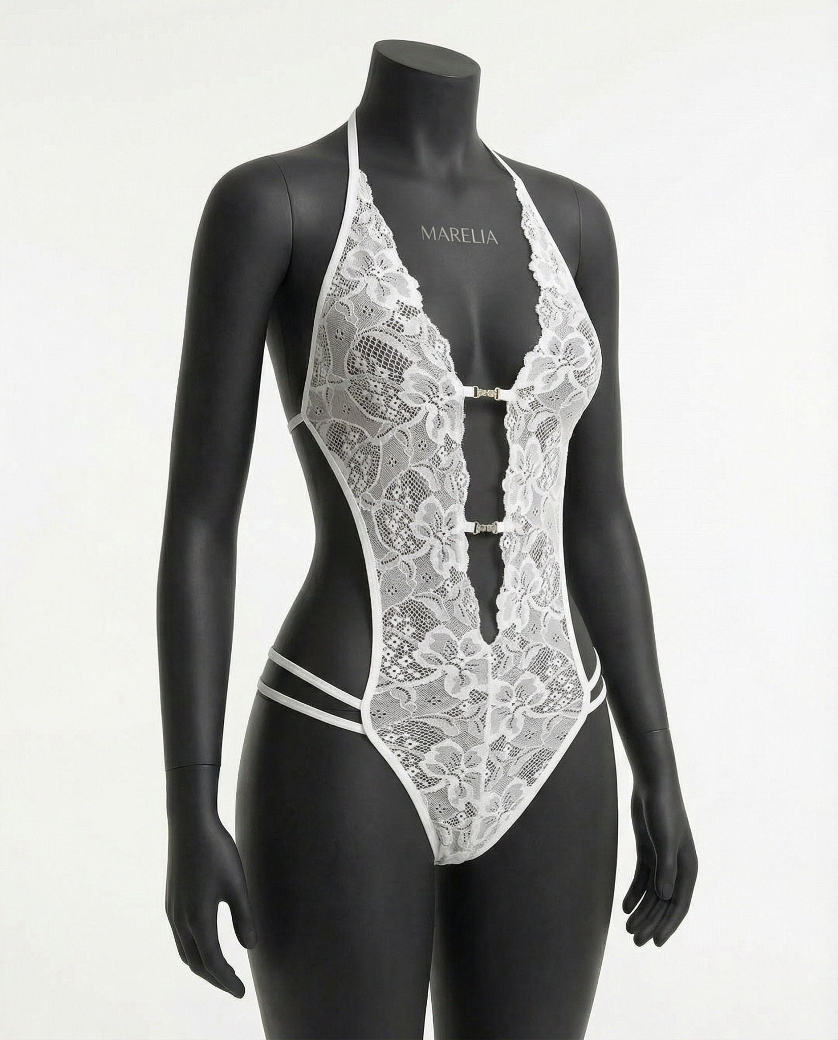 White Lace Crotchless Deep V Halter Teddy - MARELIA