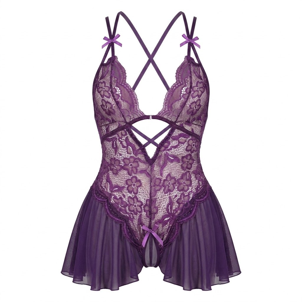 Purple Lace Crotchless Halter Teddy With Pleated Skirt - MARELIA