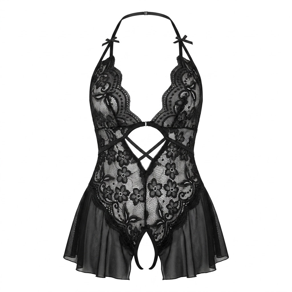 Black Lace Crotchless Halter Teddy With Pleated Skirt - MARELIA
