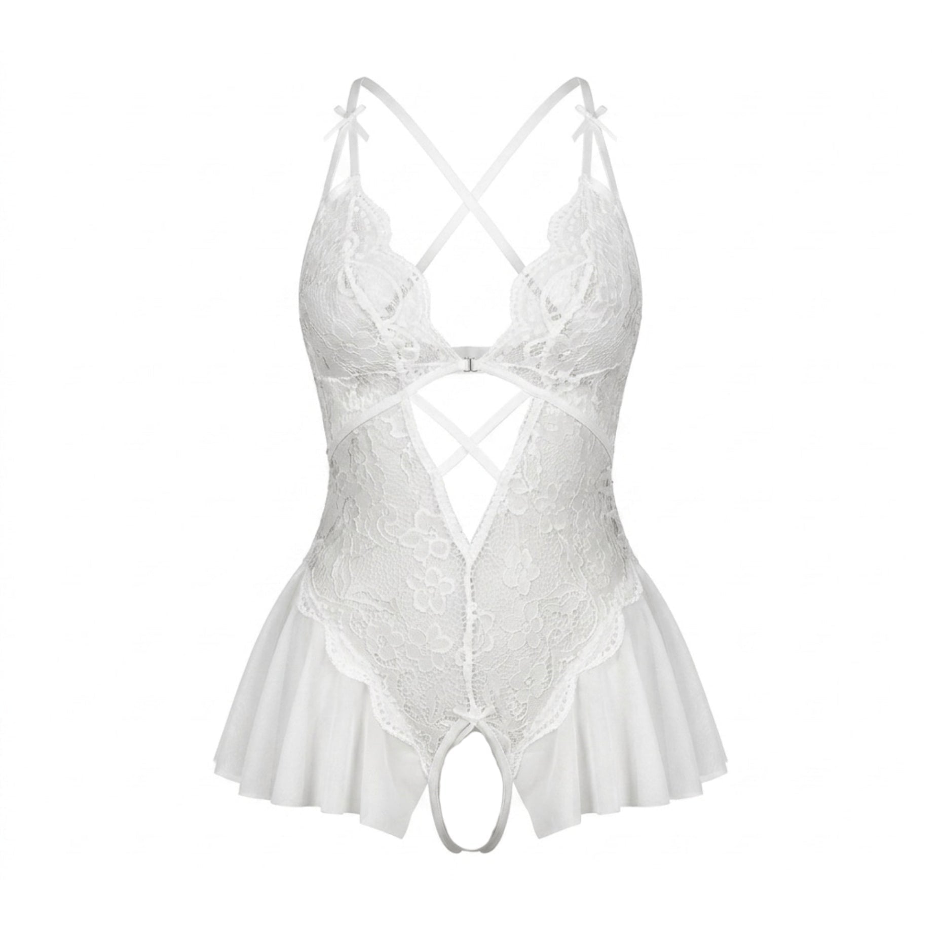 White Lace Crotchless Halter Teddy With Pleated Skirt - MARELIA