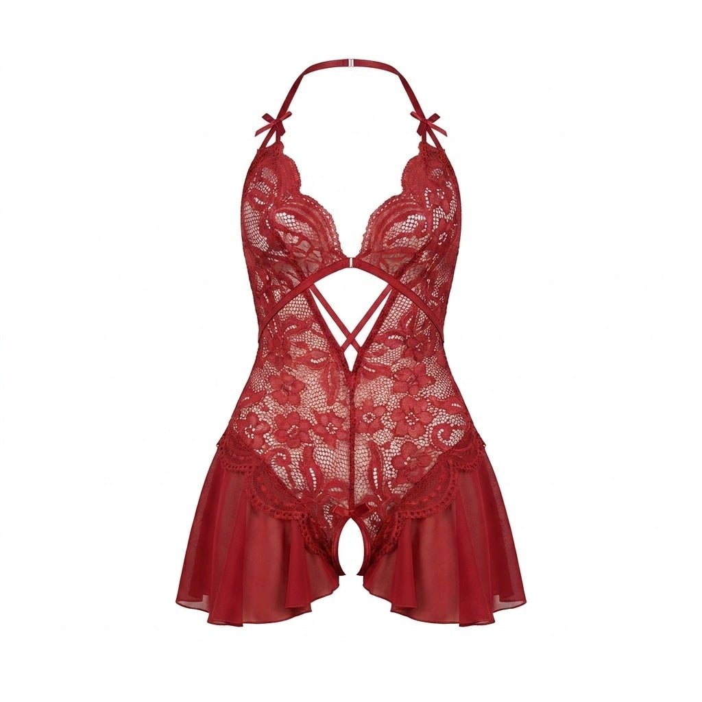 Black Lace Crotchless Halter Teddy With Pleated Skirt - MARELIA