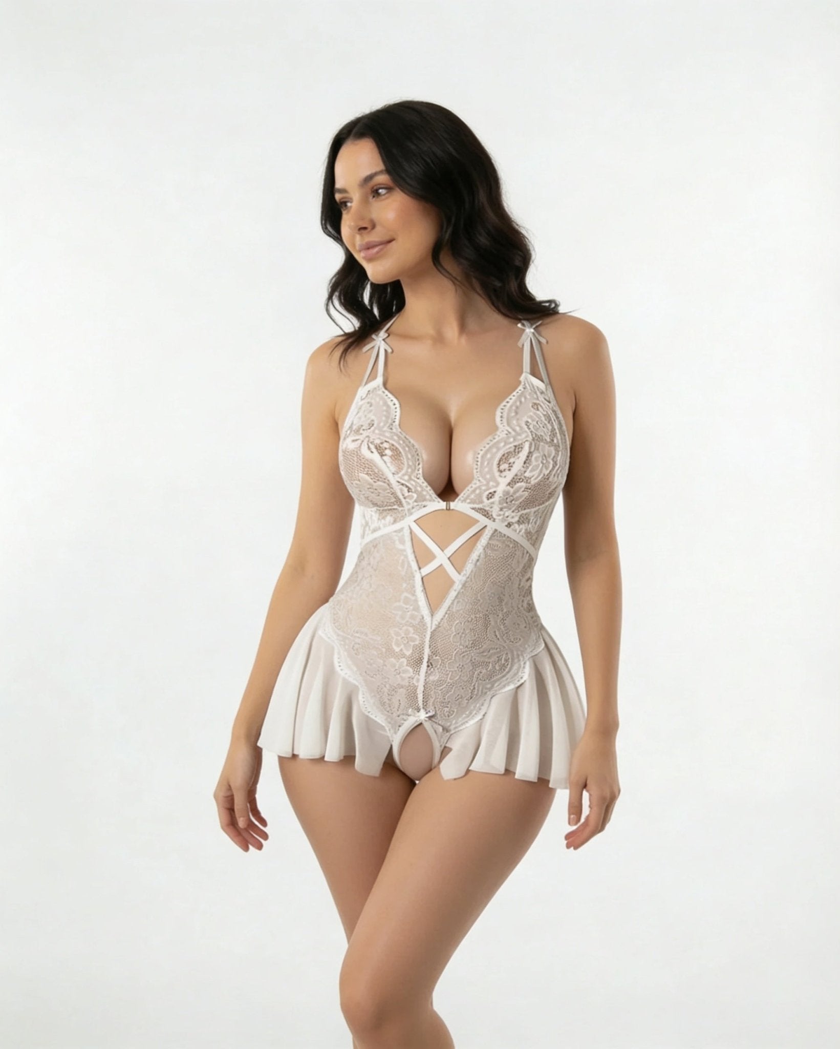 White Lace Crotchless Halter Teddy With Pleated Skirt - MARELIA