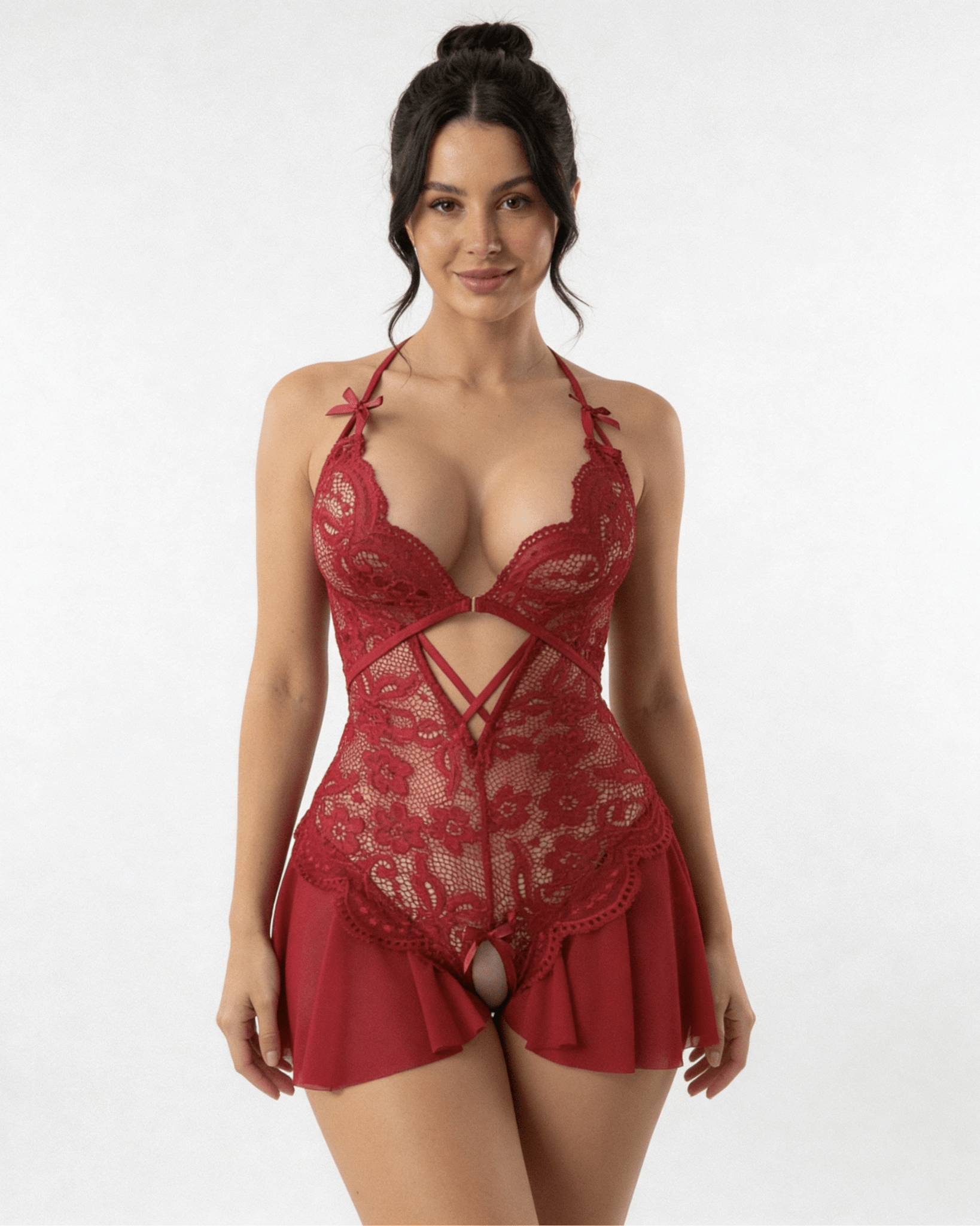 Red Lace Crotchless Halter Teddy With Pleated Skirt - MARELIA