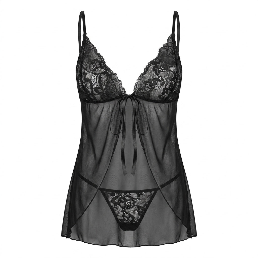 Black Lace Cup Babydoll and Thong Set - MARELIA