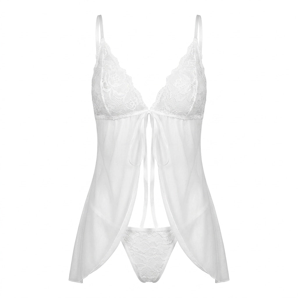 White Lace Cup Babydoll and Thong Set - MARELIA