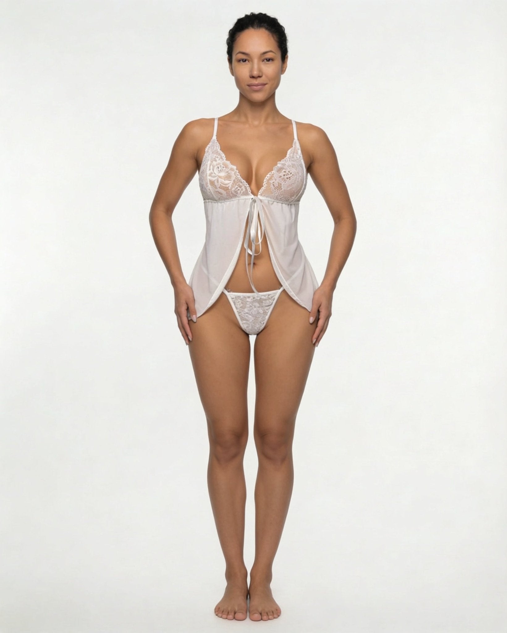 White Lace Cup Babydoll and Thong Set - MARELIA