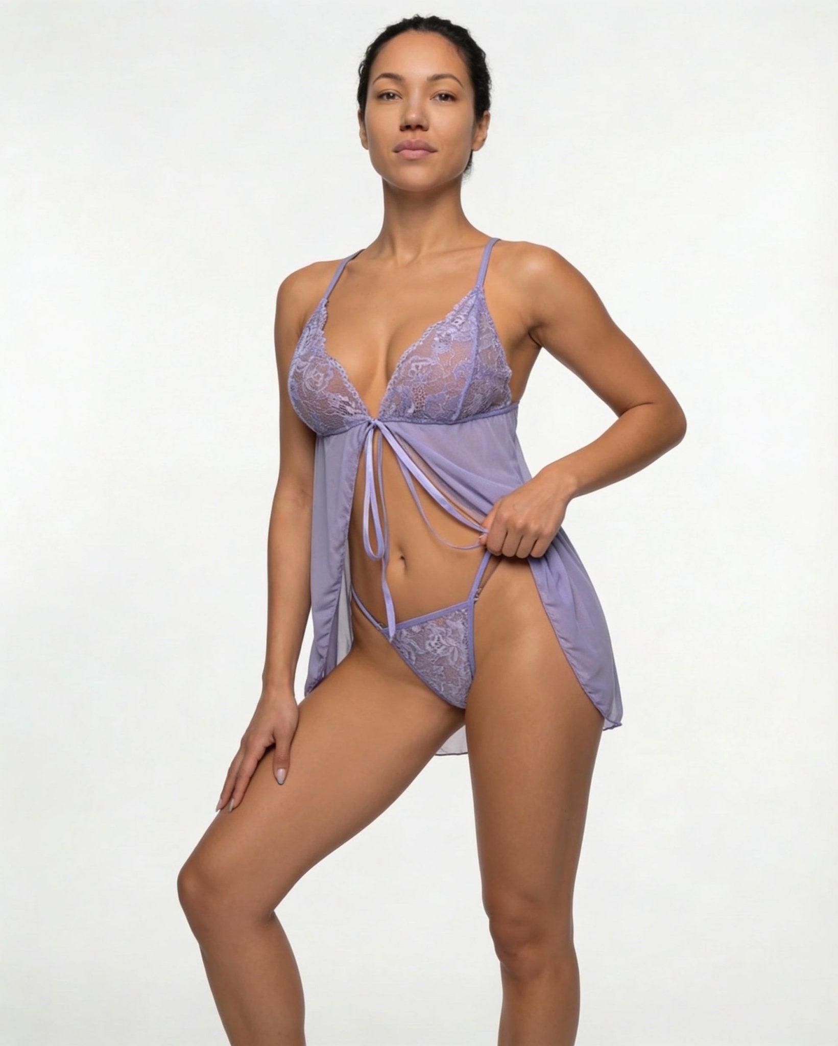 Lilac Lace Cup Babydoll and Thong Set - MARELIA