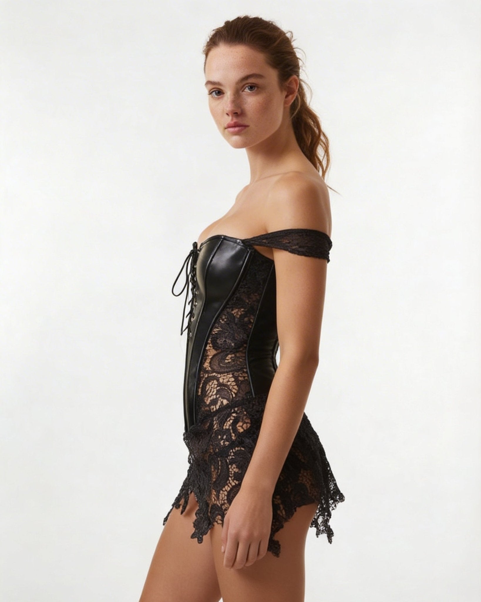 Black Lace Faux Leather Corset Dress - MARELIA