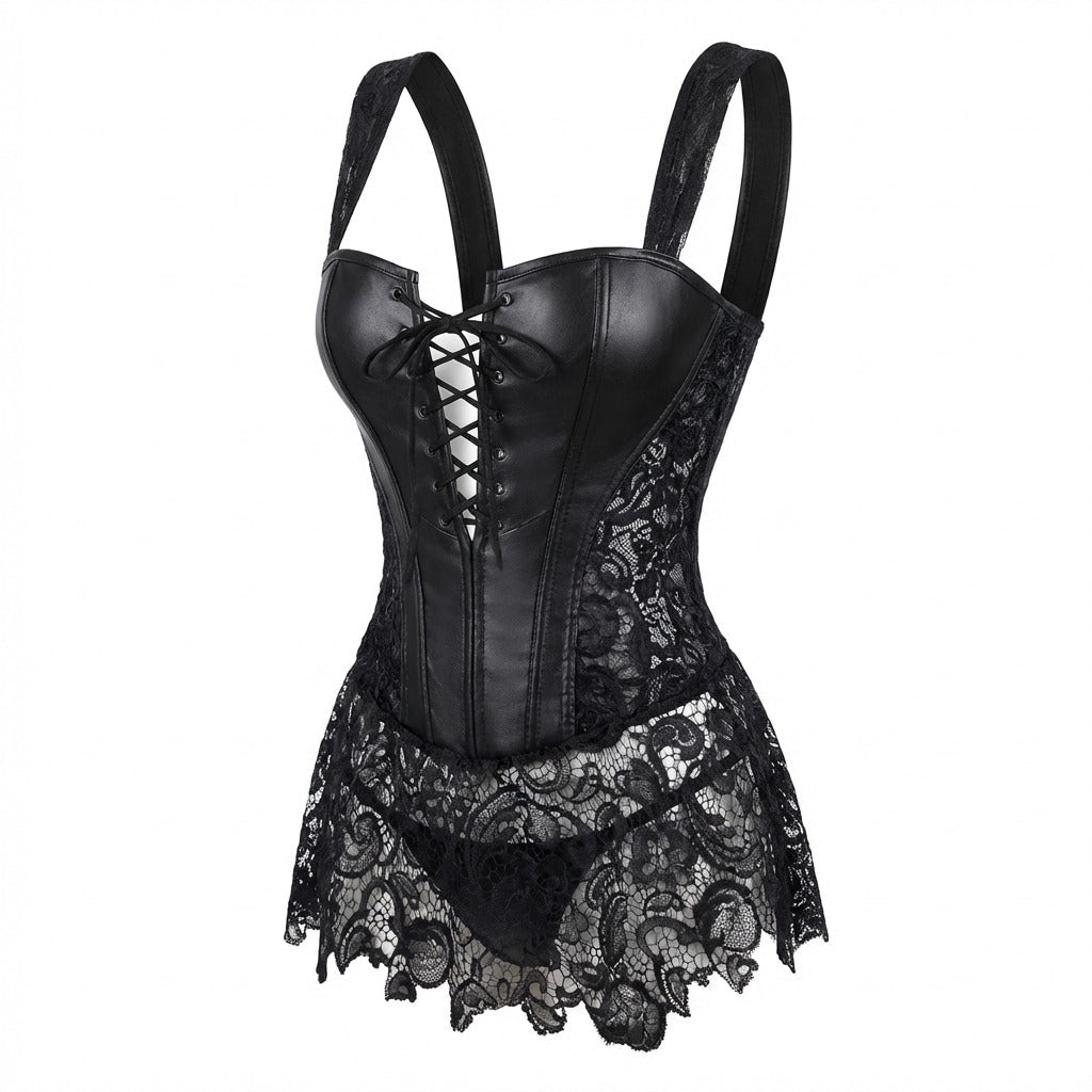 Black lace faux leather corset dress