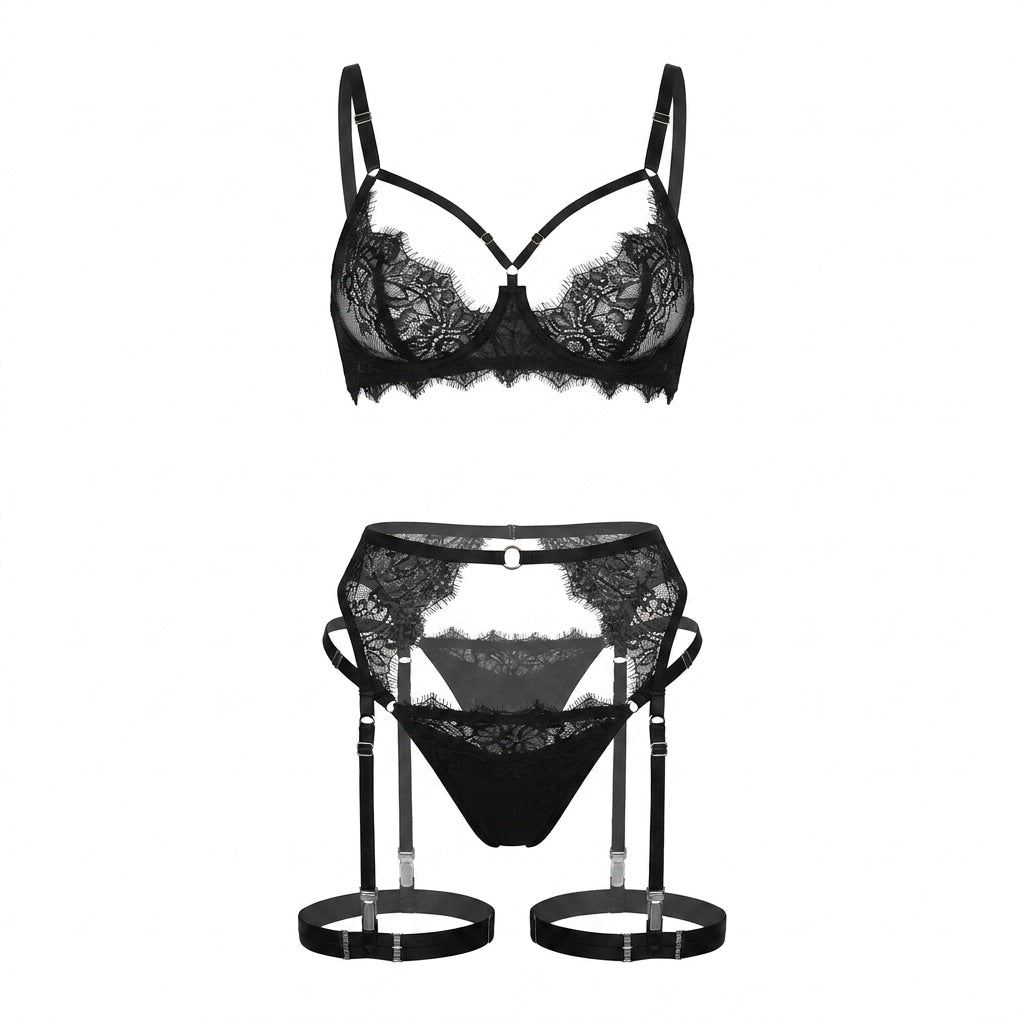 Black Lace Four Piece Set With Leg Garters - MARELIA