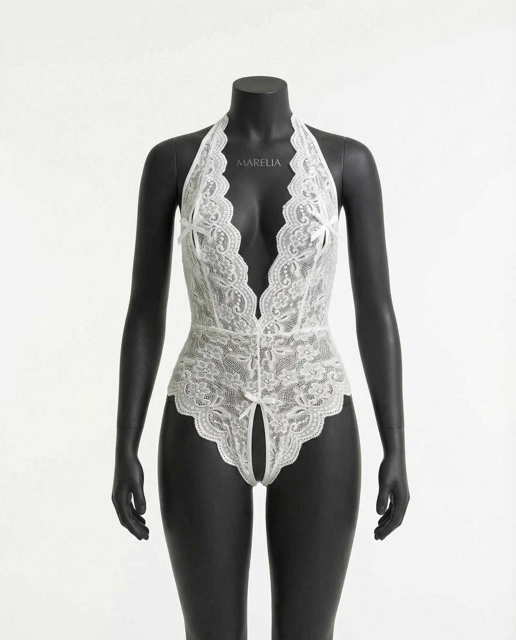 White Lace Halter Crotchless Teddy With Open Back - MARELIA