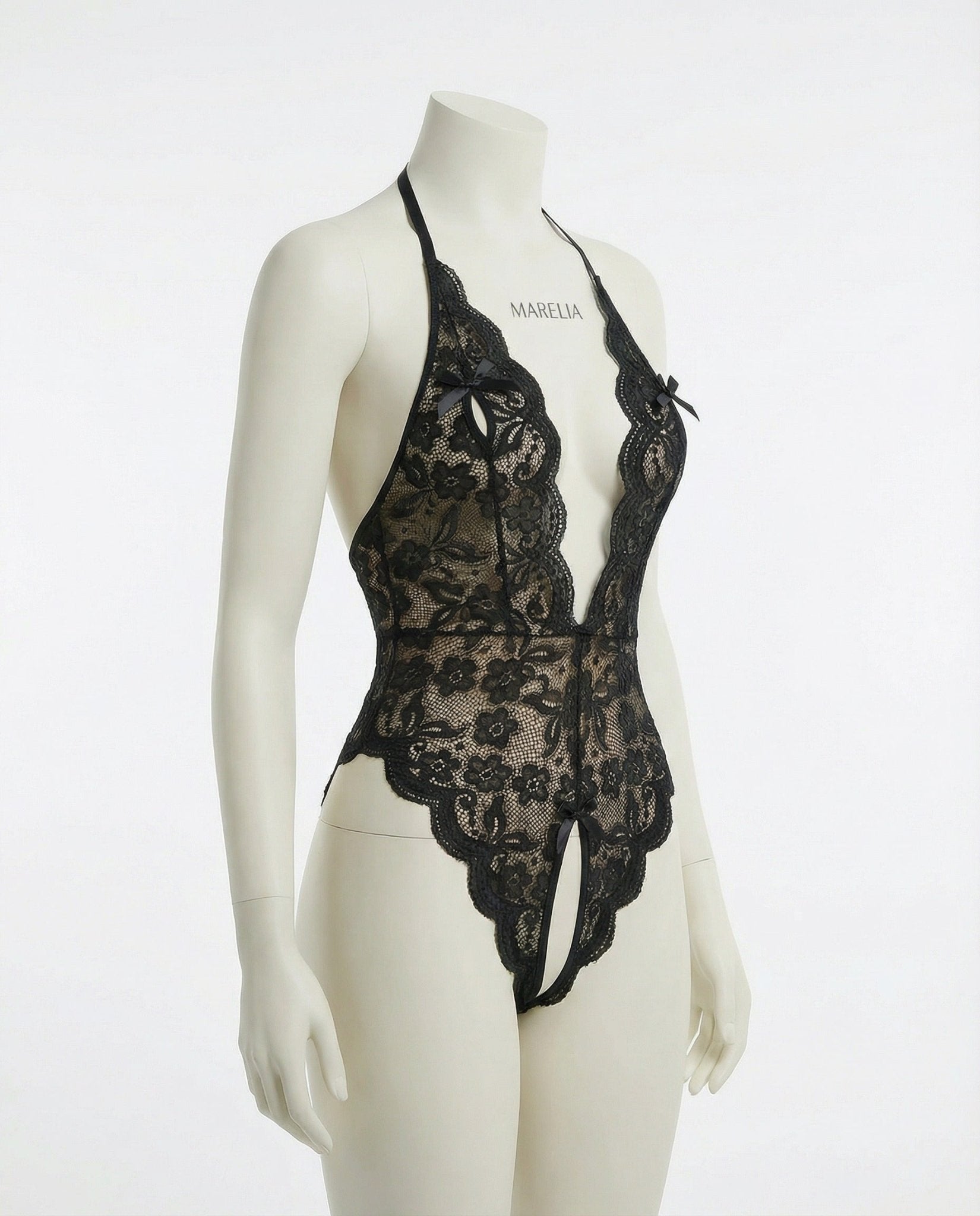 Black Lace Halter Crotchless Teddy With Open Back - MARELIA