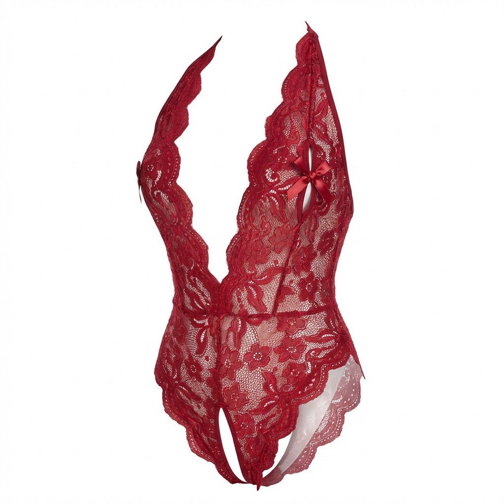 Burgundy Lace Halter Crotchless Teddy With Open Back - MARELIA
