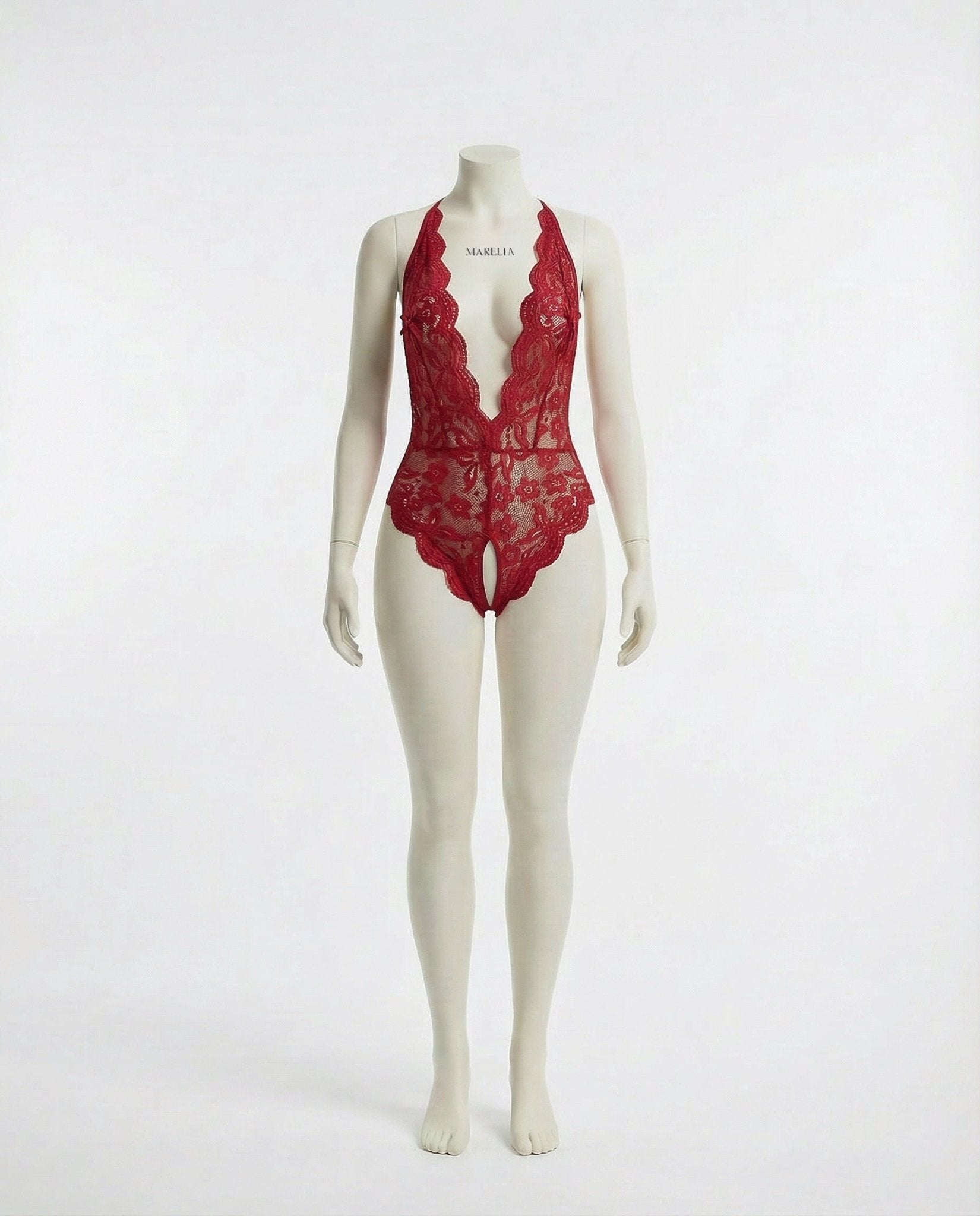 Burgundy Lace Halter Crotchless Teddy With Open Back - MARELIA