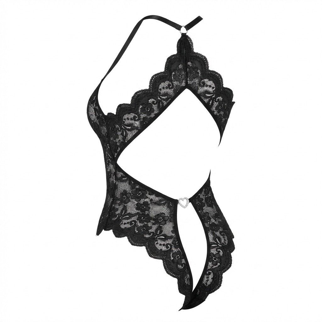 Black Lace Halter Crotchless Teddy With Open Back - MARELIA