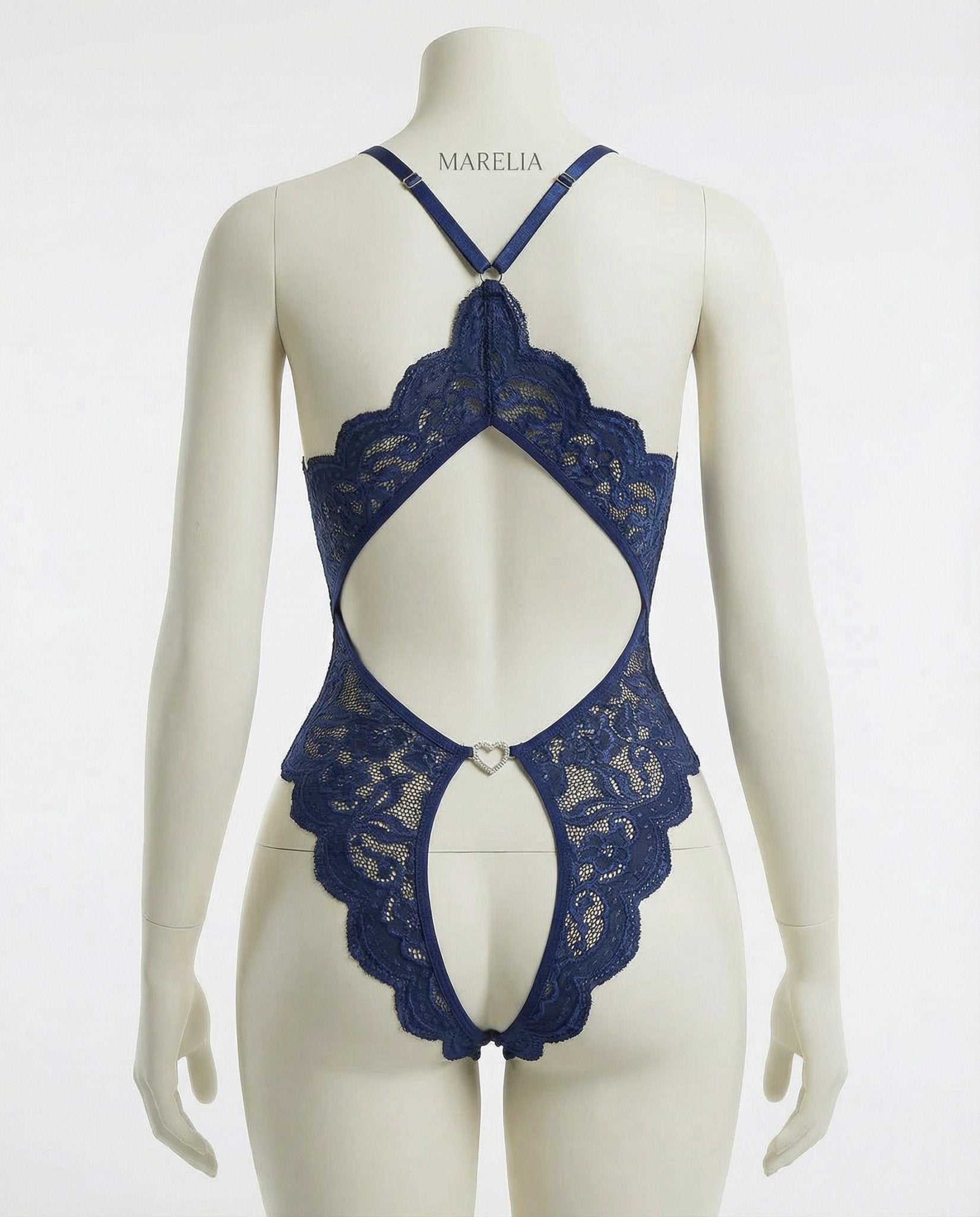 Navy Lace Halter Crotchless Teddy With Open Back - MARELIA