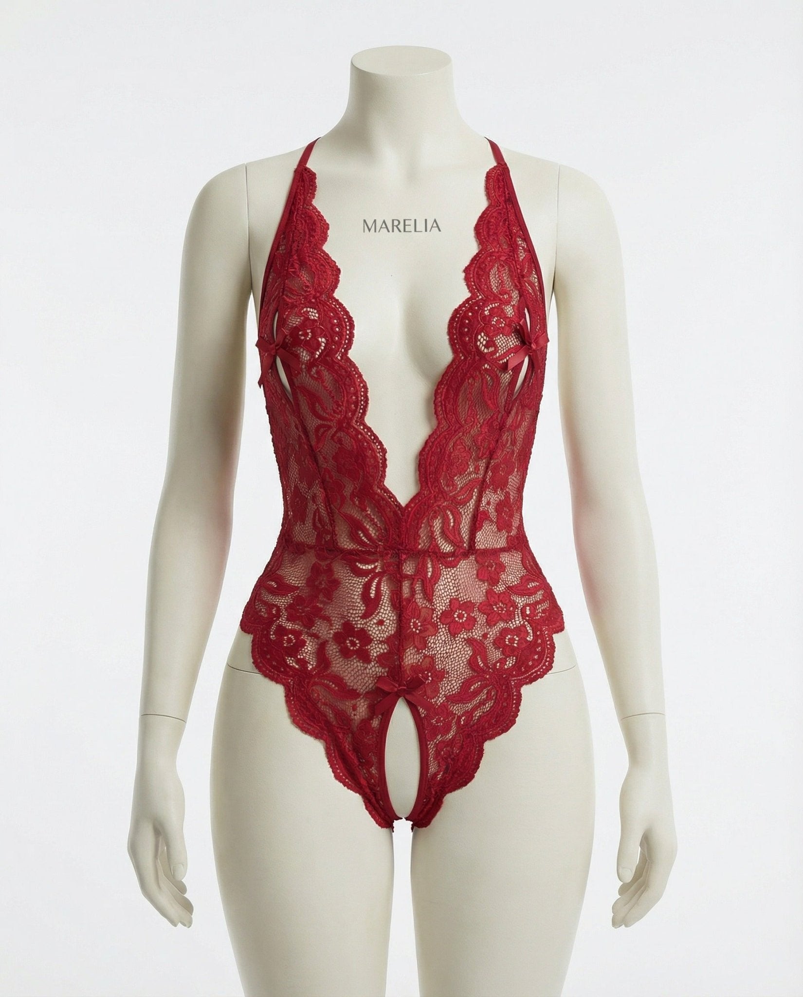 Burgundy Lace Halter Crotchless Teddy With Open Back - MARELIA