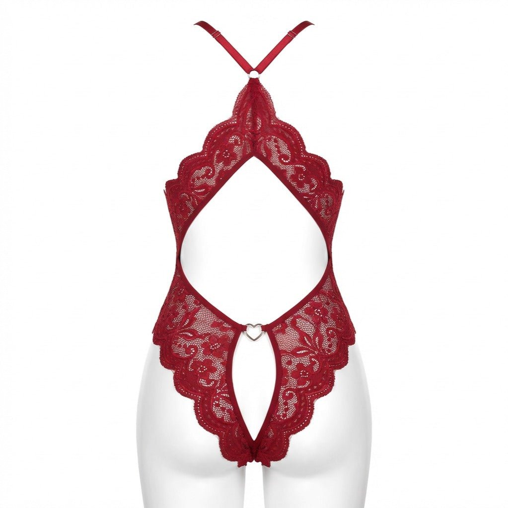 Burgundy Lace Halter Crotchless Teddy With Open Back - MARELIA