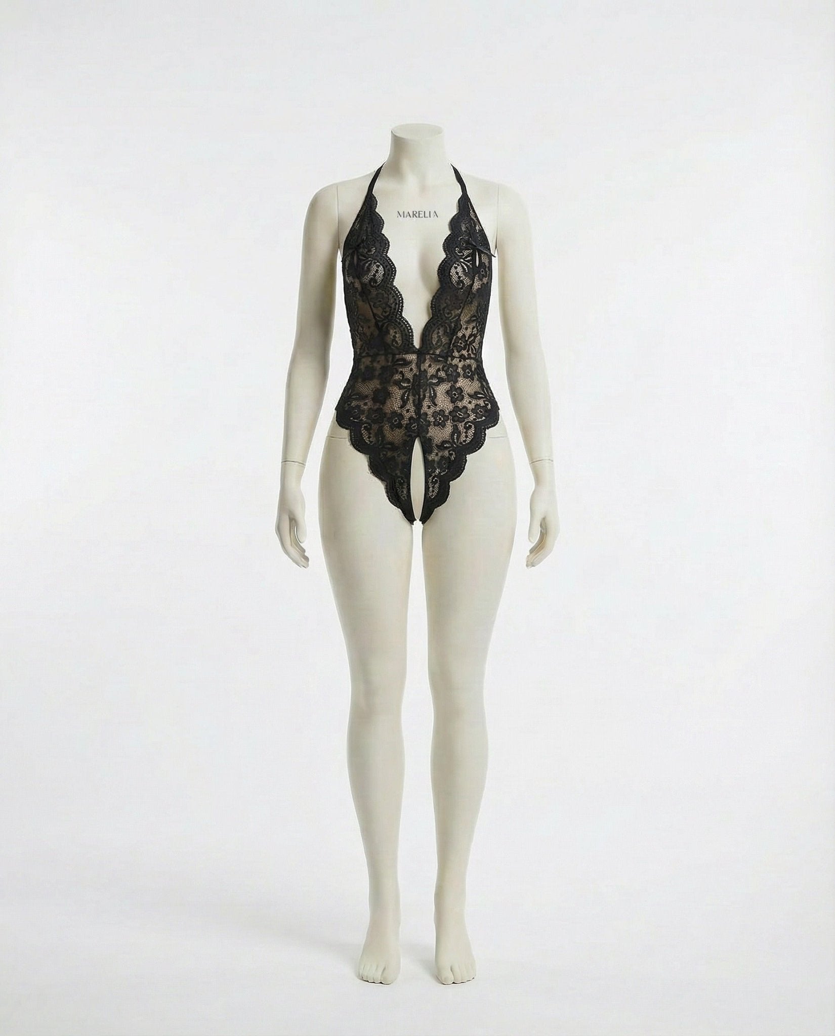 Black Lace Halter Crotchless Teddy With Open Back - MARELIA