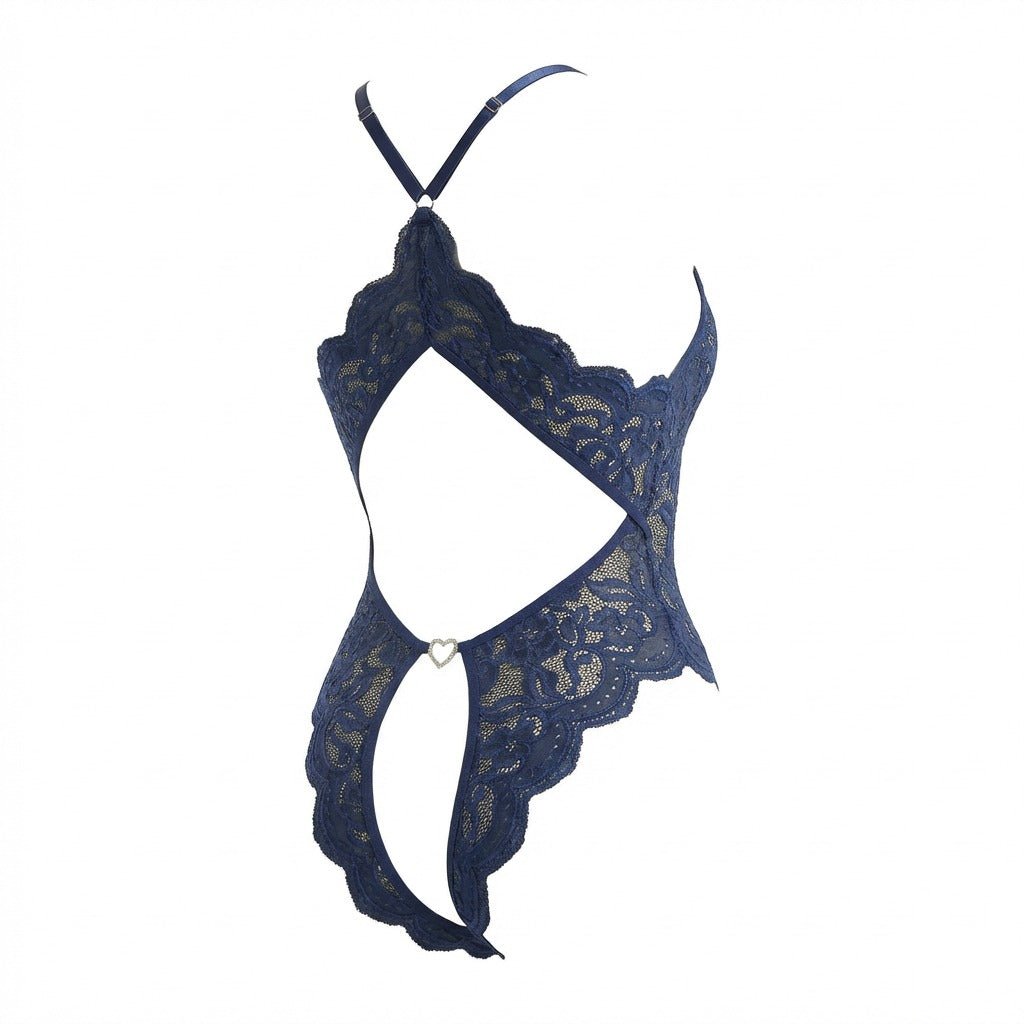 Navy Lace Halter Crotchless Teddy With Open Back - MARELIA