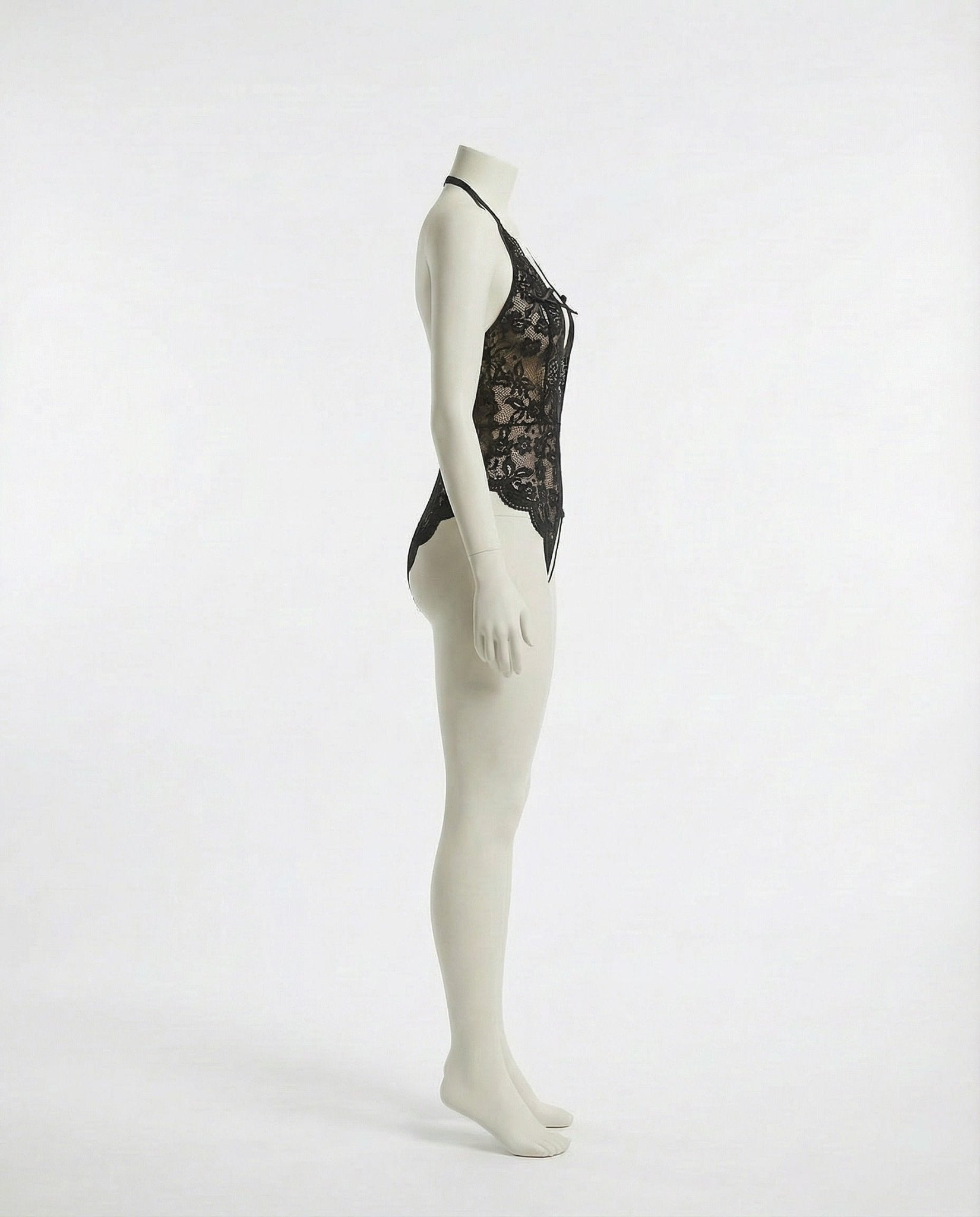 Black Lace Halter Crotchless Teddy With Open Back - MARELIA